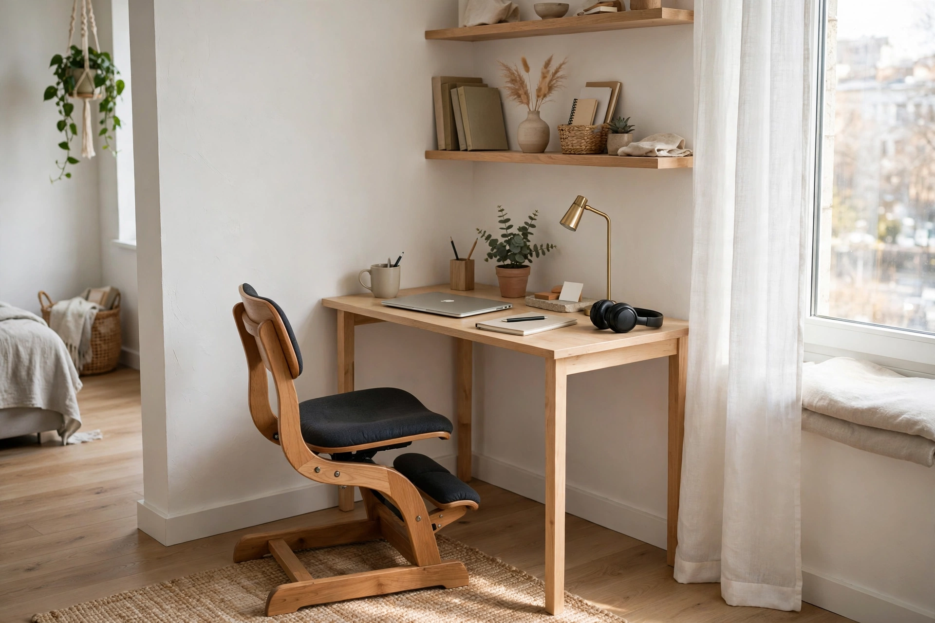 Wooden kneeling chair at a small desk in a bright studio apartment home office