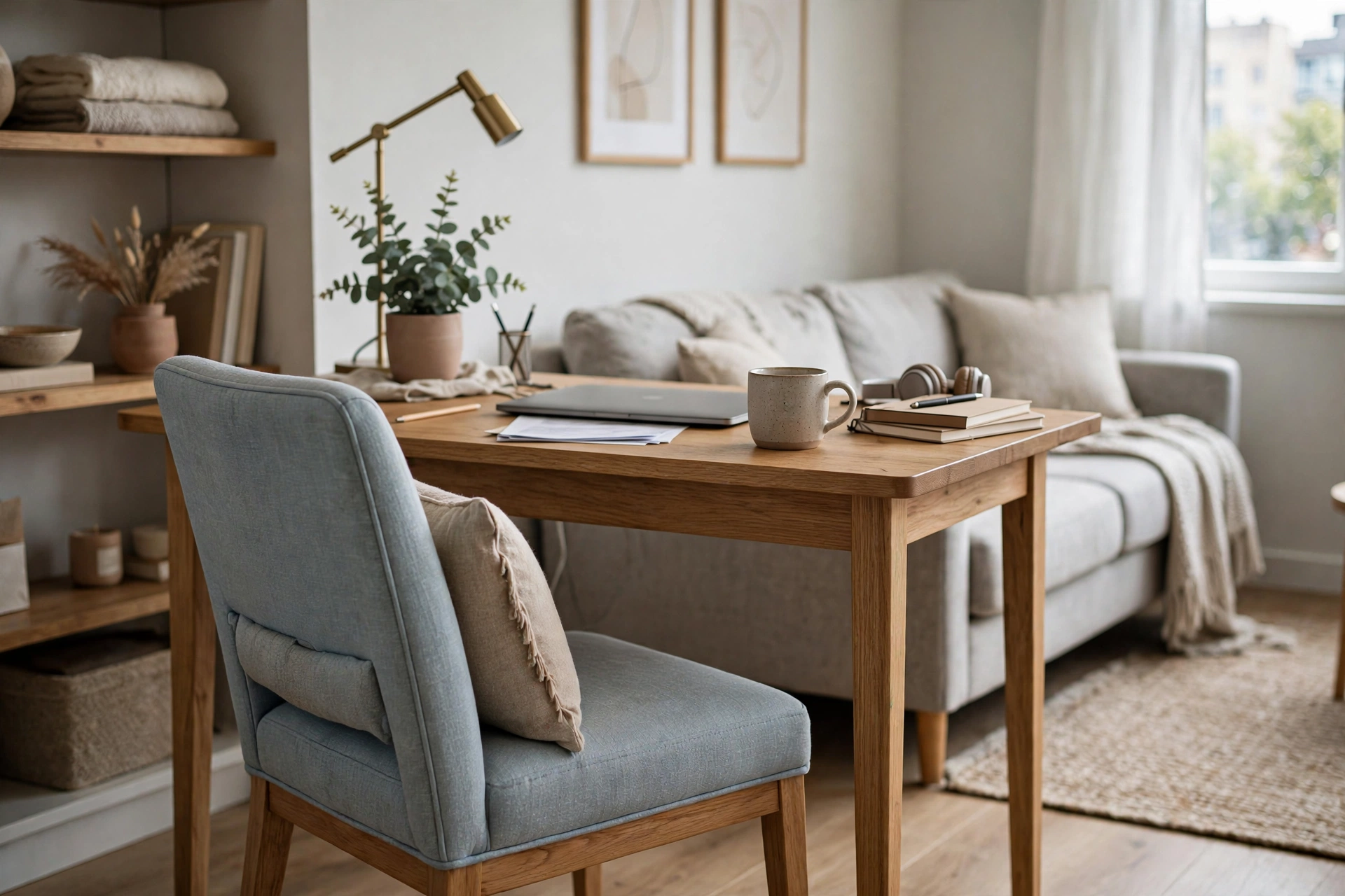Stylish upholstered dining chair with lumbar pillow at a table used as a desk in a studio