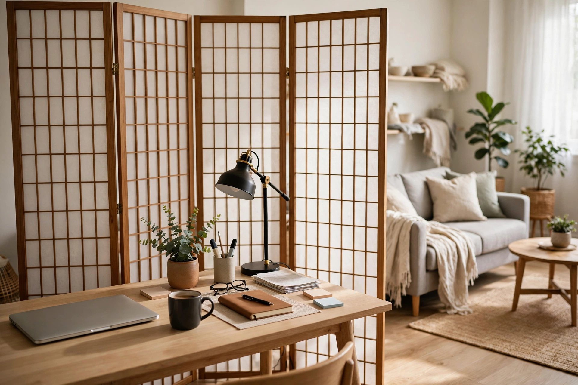 Folding screen divider behind a desk creating a defined office zone in a studio apartment