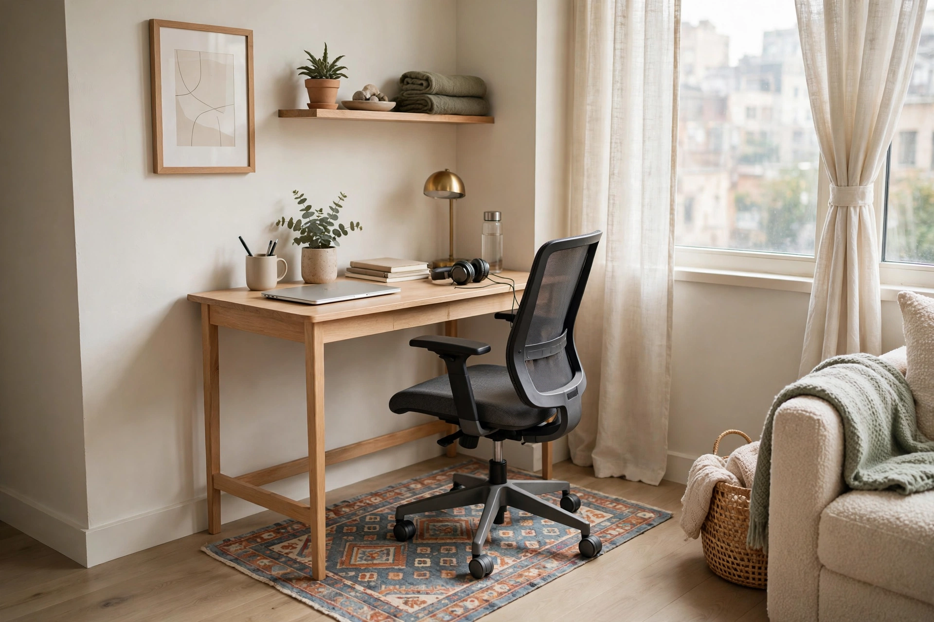 Small patterned rug defining a desk and chair zone in a studio apartment office corner
