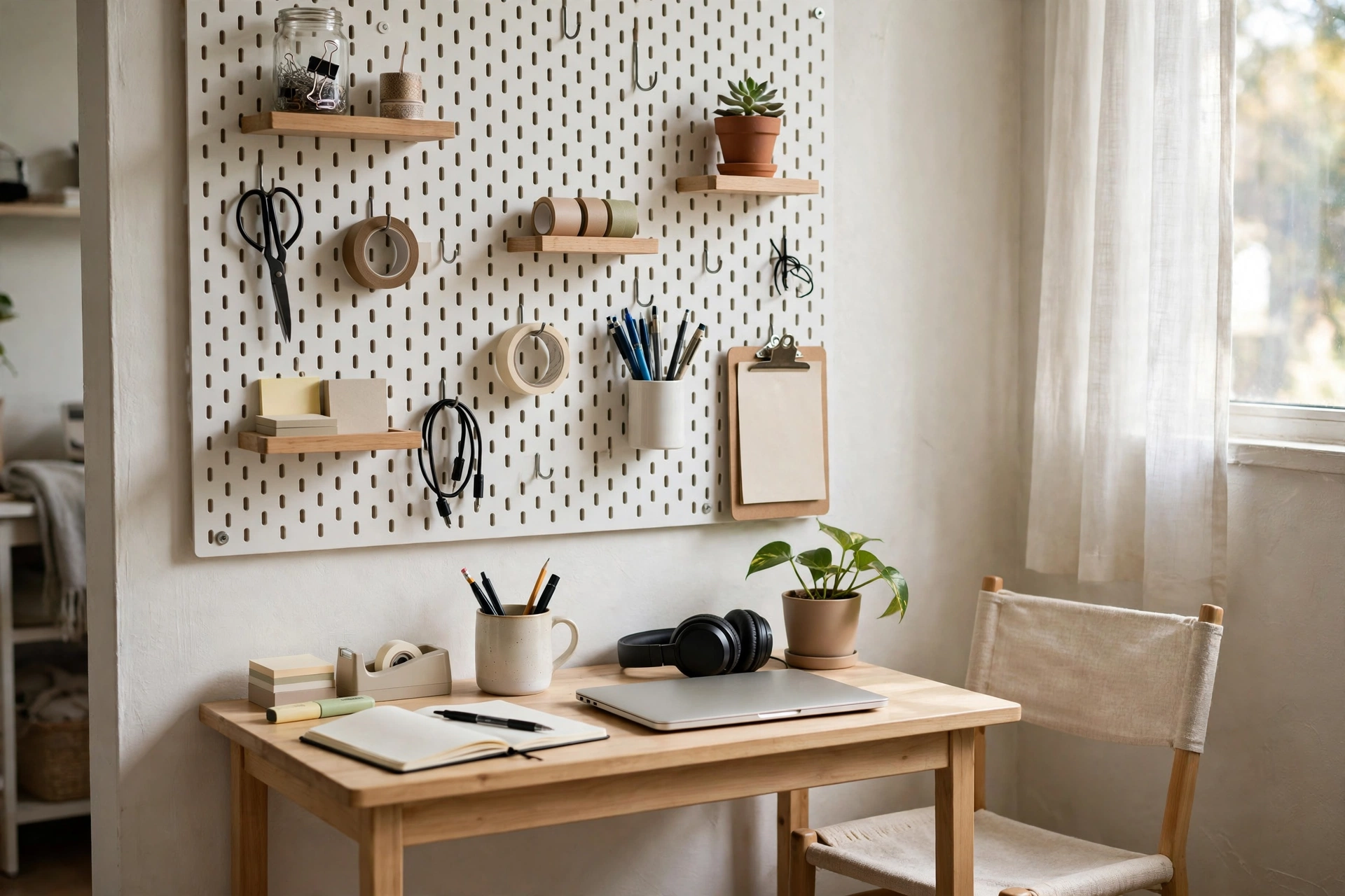 White pegboard wall with hooks shelves and supplies above a small desk in a studio