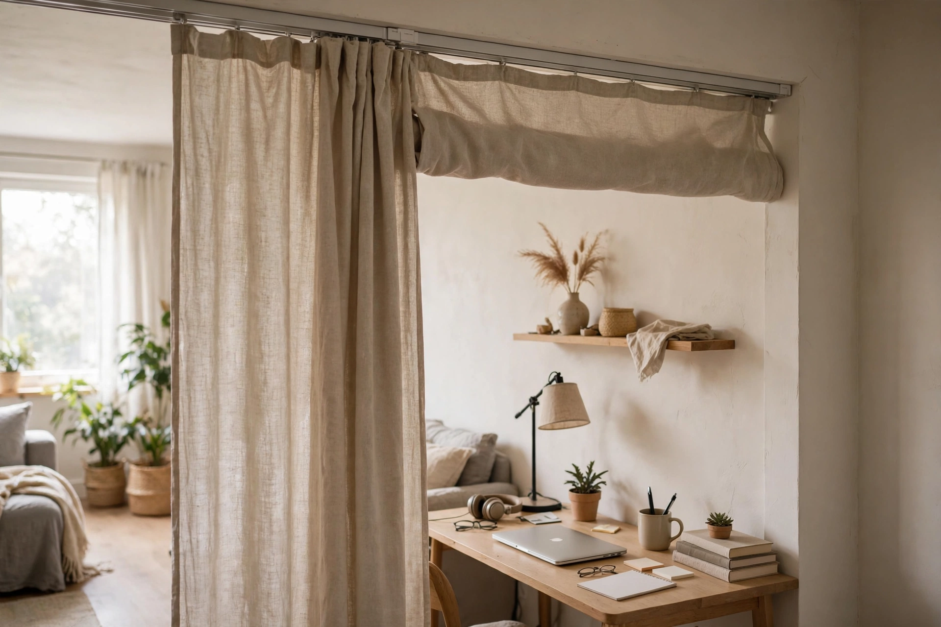 Ceiling-track curtain partially closing off a desk work zone in a studio apartment