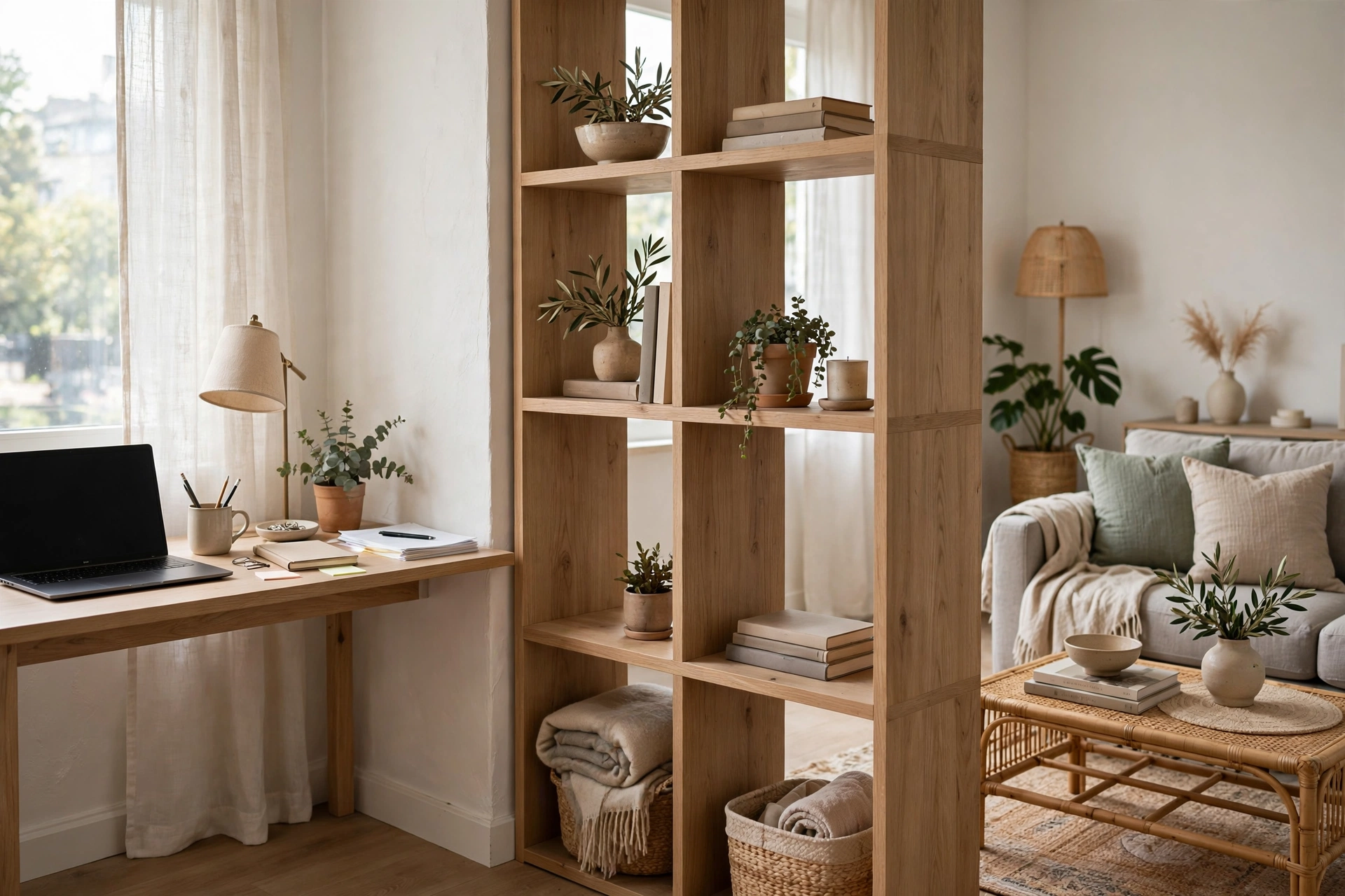 Low open cube bookshelf dividing a desk nook from the living area in a studio
