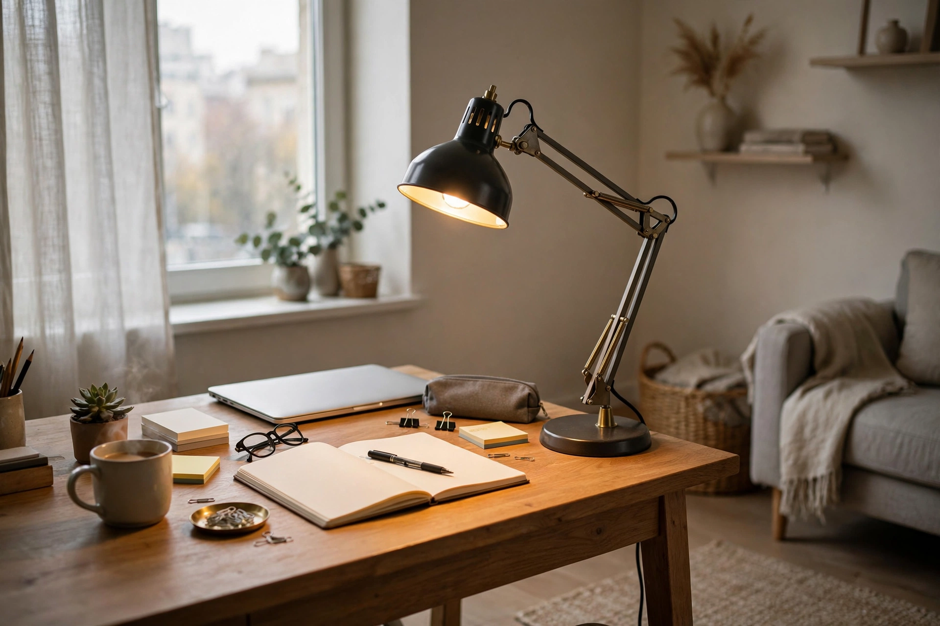 Adjustable architect task lamp illuminating a desk workspace in a studio apartment