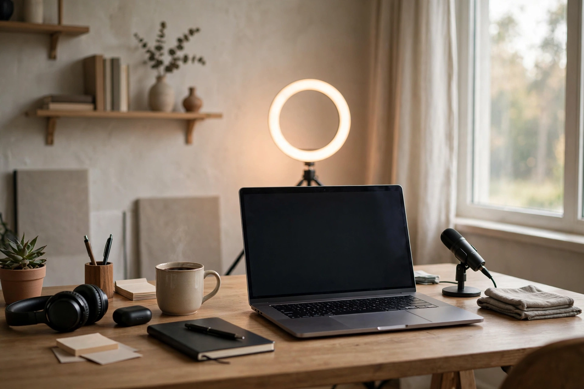 Ring light on a desk behind a laptop set up for video calls in a studio home office
