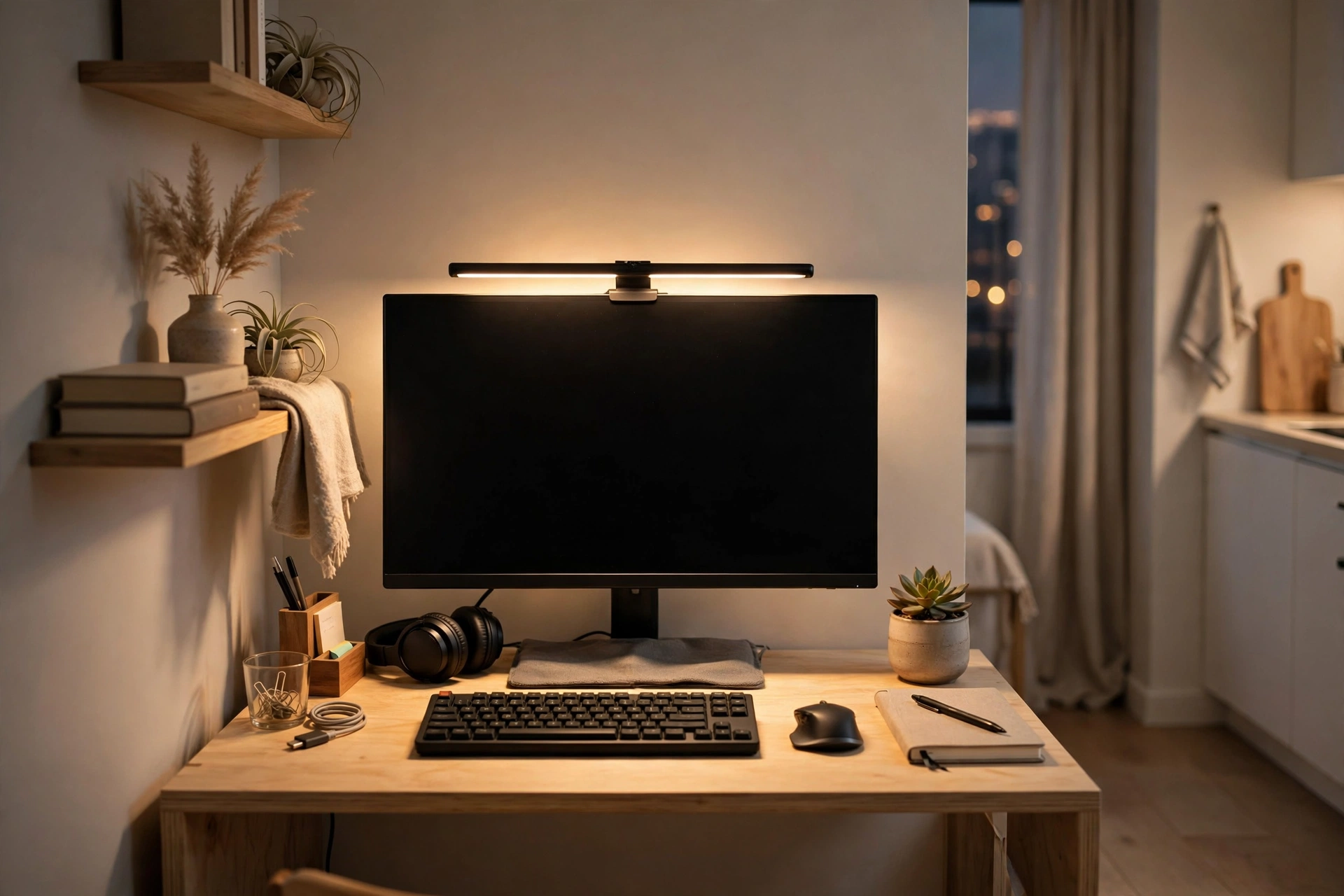 Slim light bar mounted on a monitor illuminating a compact desk in a studio apartment