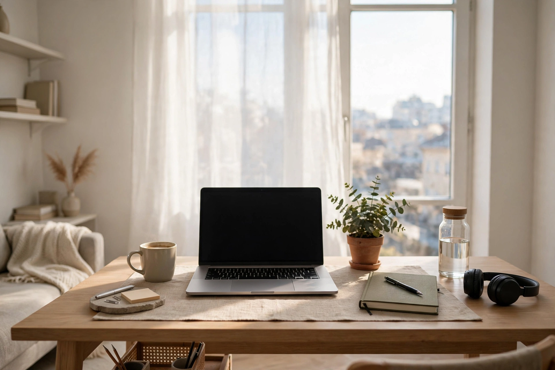 Desk facing a bright window with soft daylight streaming over a laptop workspace