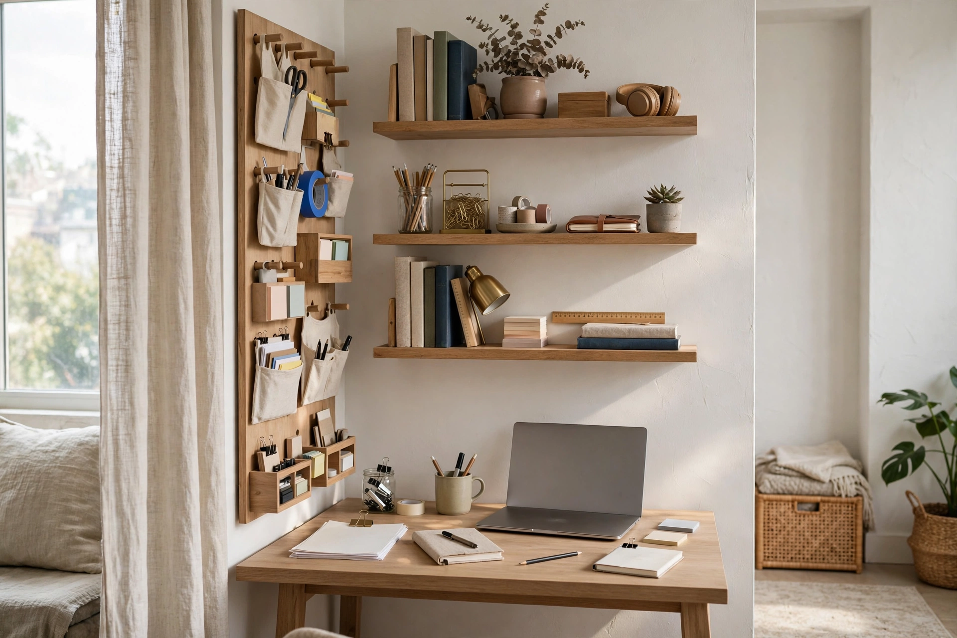 Three floating wood shelves with organized office supplies above a desk in a studio