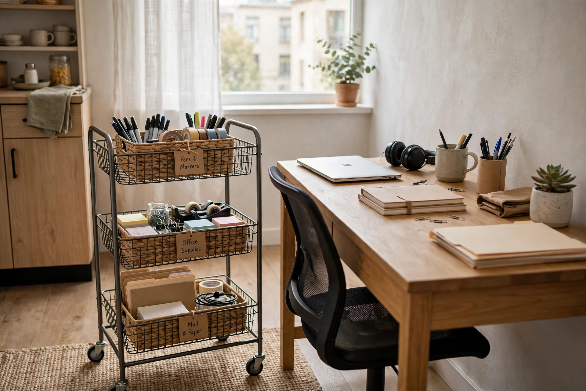 Three-tier metal rolling cart with labeled office supplies beside a desk in a studio