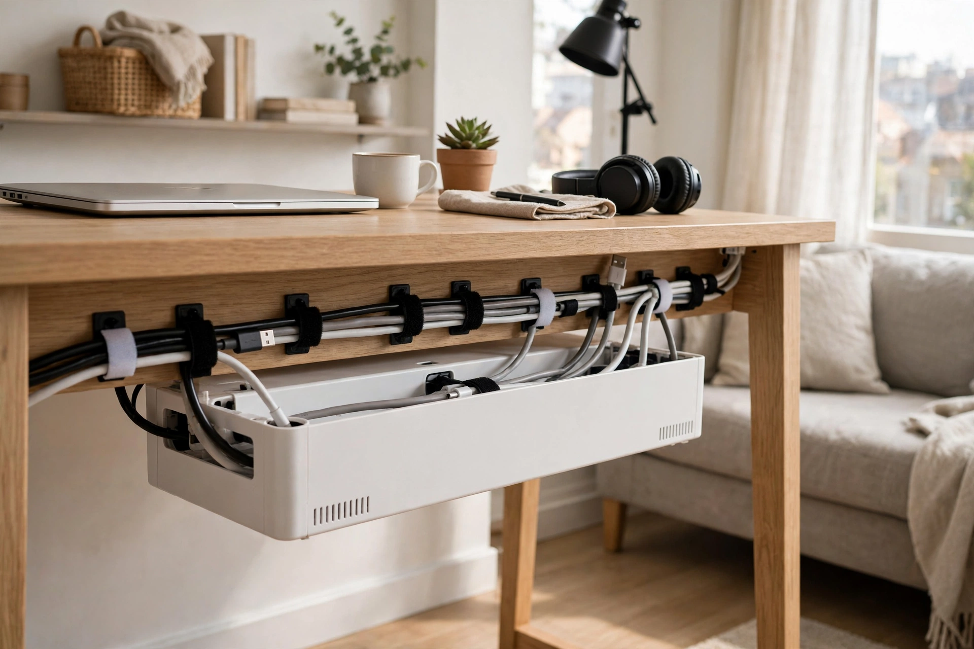 White cable management box hiding power strip and cords under a tidy studio desk