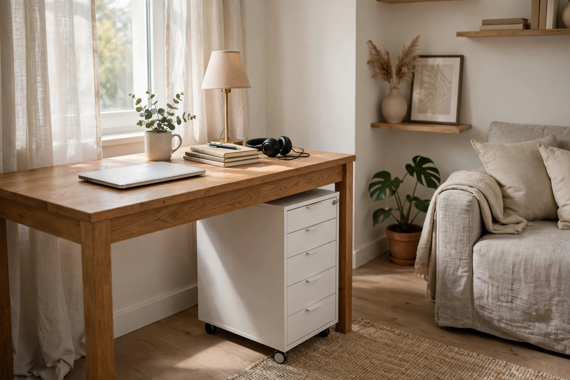 Slim white rolling drawer unit tucked under a desk in a studio apartment office