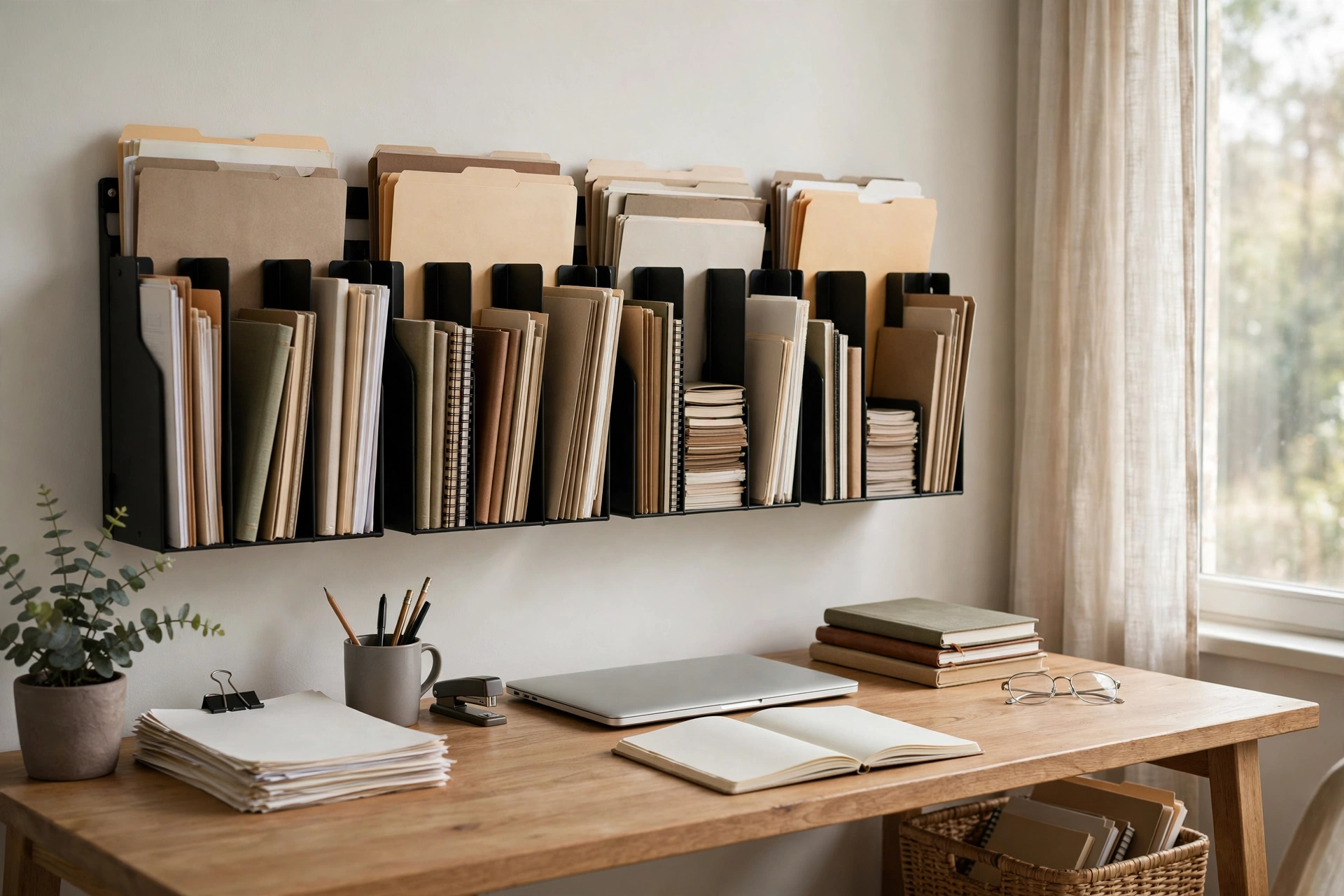 Wall-mounted file organizer with sorted papers beside a desk in a studio home office