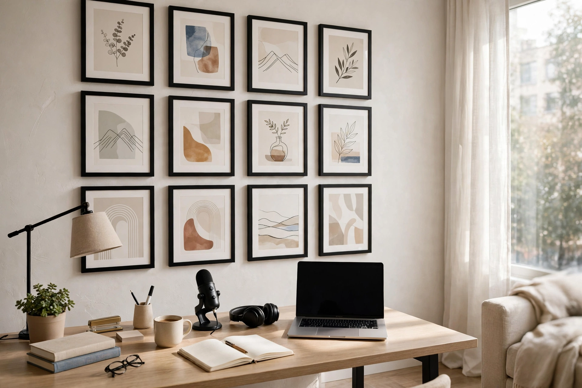 Grid gallery wall of framed art prints behind a desk in a studio apartment office