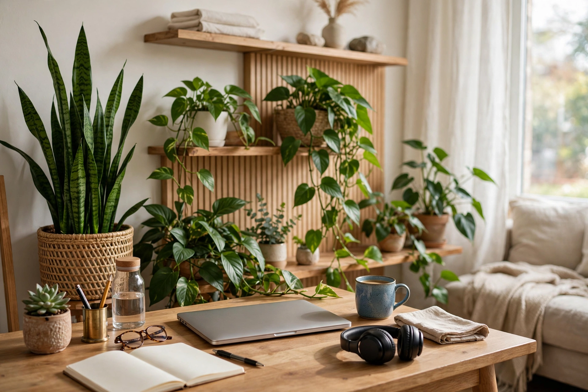 Lush green plants arranged behind a desk creating a natural video call backdrop