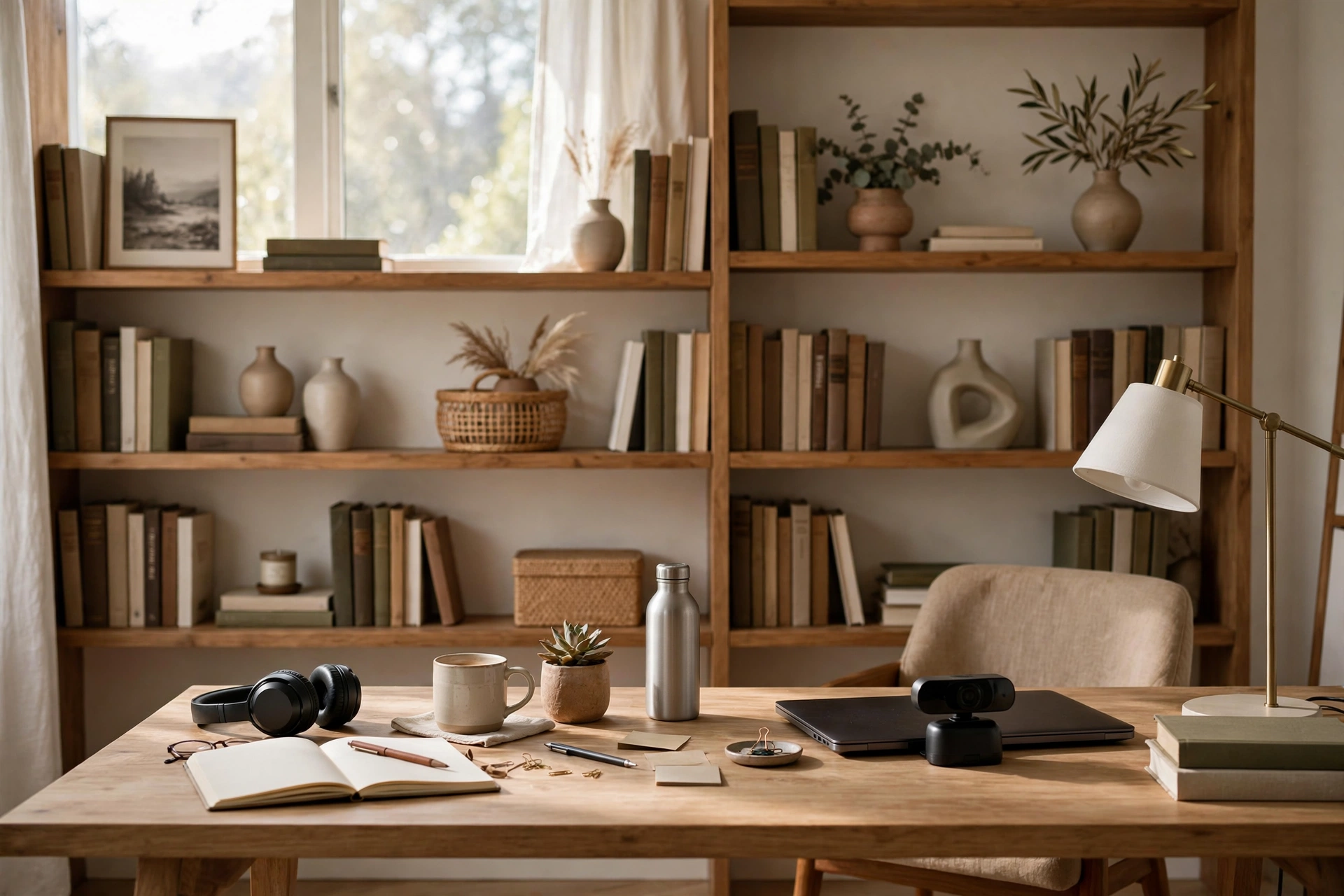 Neatly styled bookshelf with books and decor behind a desk in a studio home office