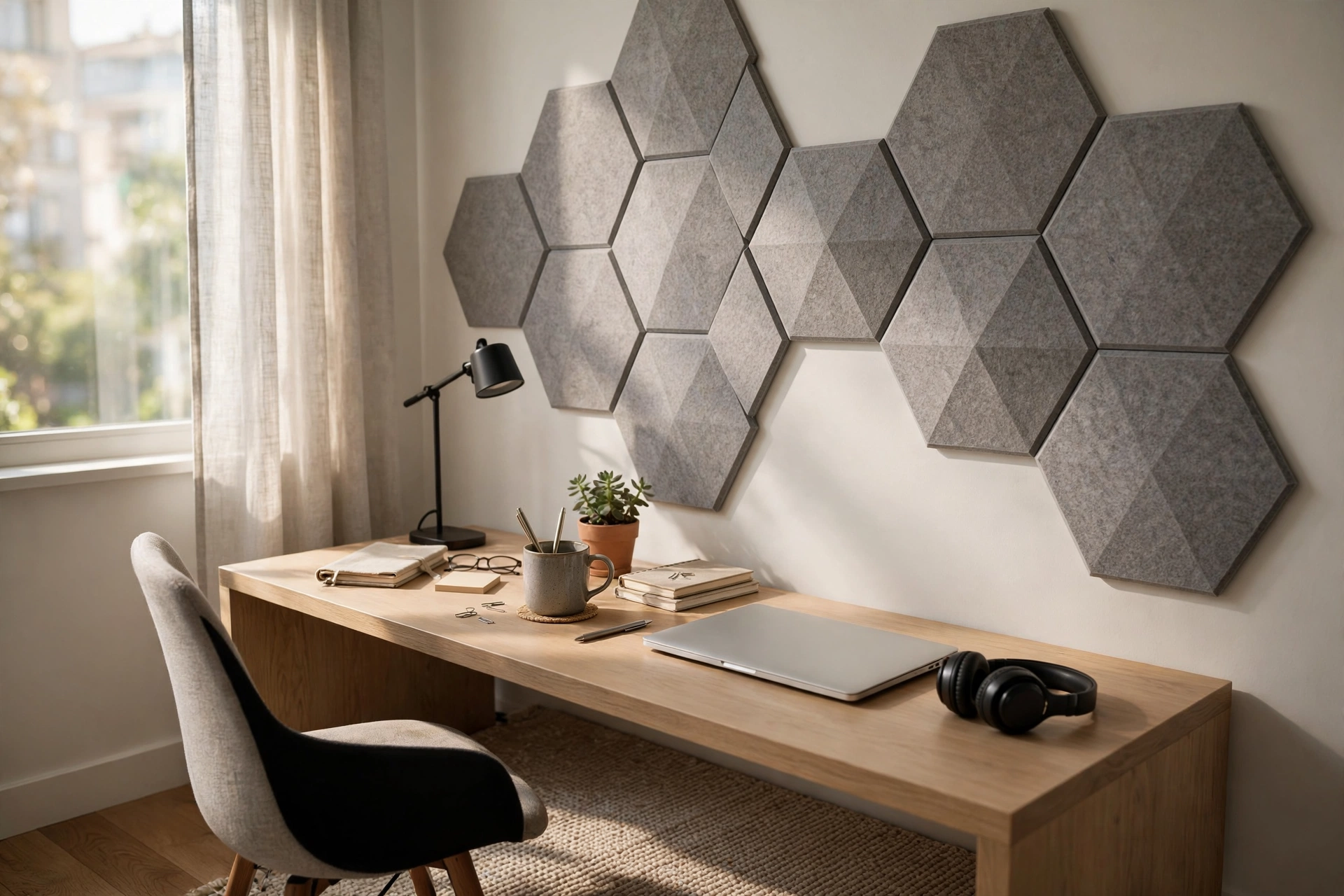 Geometric felt acoustic panels arranged as wall art in a studio apartment office nook