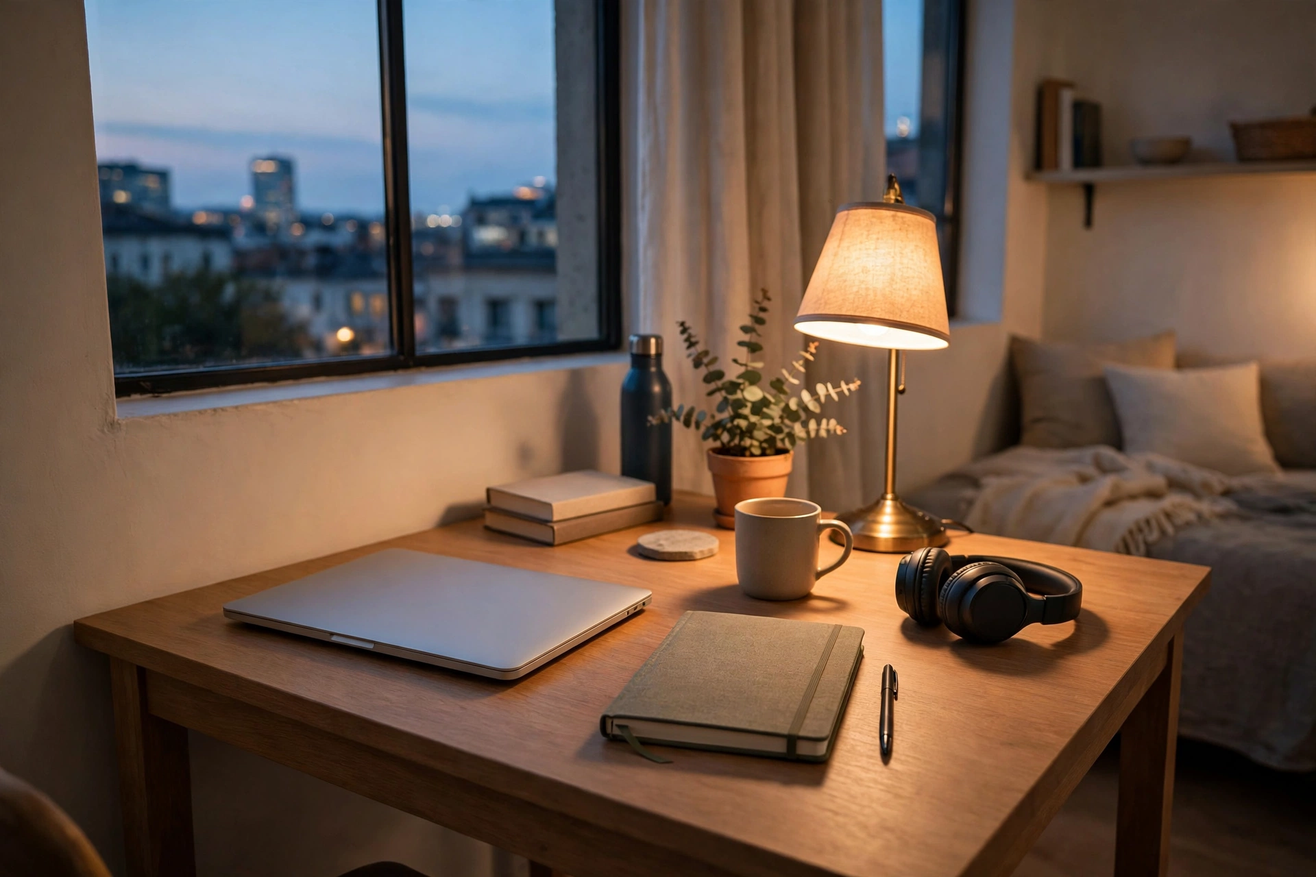 Neatly cleared desk with closed laptop at end of workday in a studio apartment