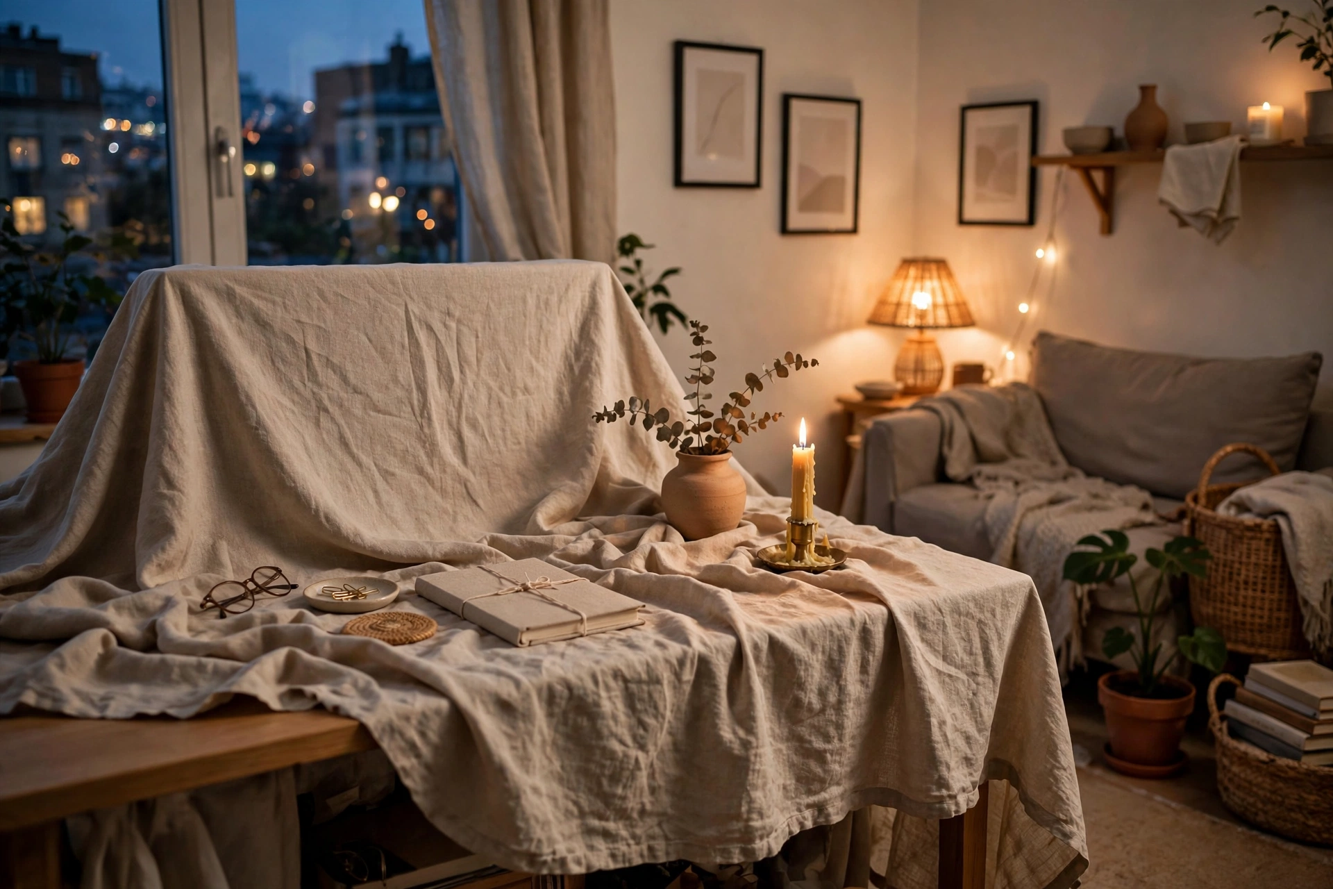 Linen cloth draped over a desk setup hiding work equipment in a studio apartment evening