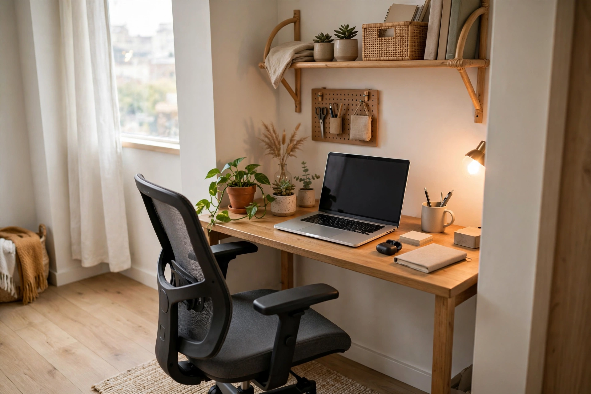 Lightweight folding screen creating a private work nook around a desk in a studio