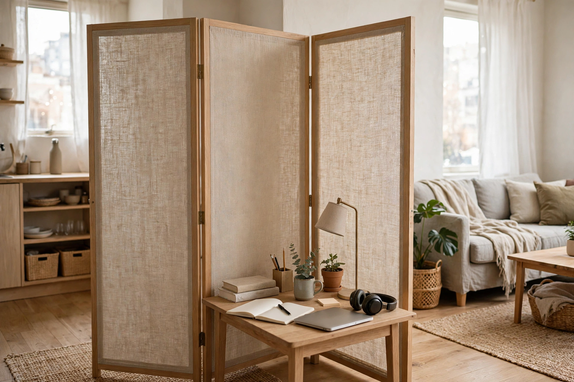 Converted reach-in closet office nook with desk shelf lighting and curtain in a studio