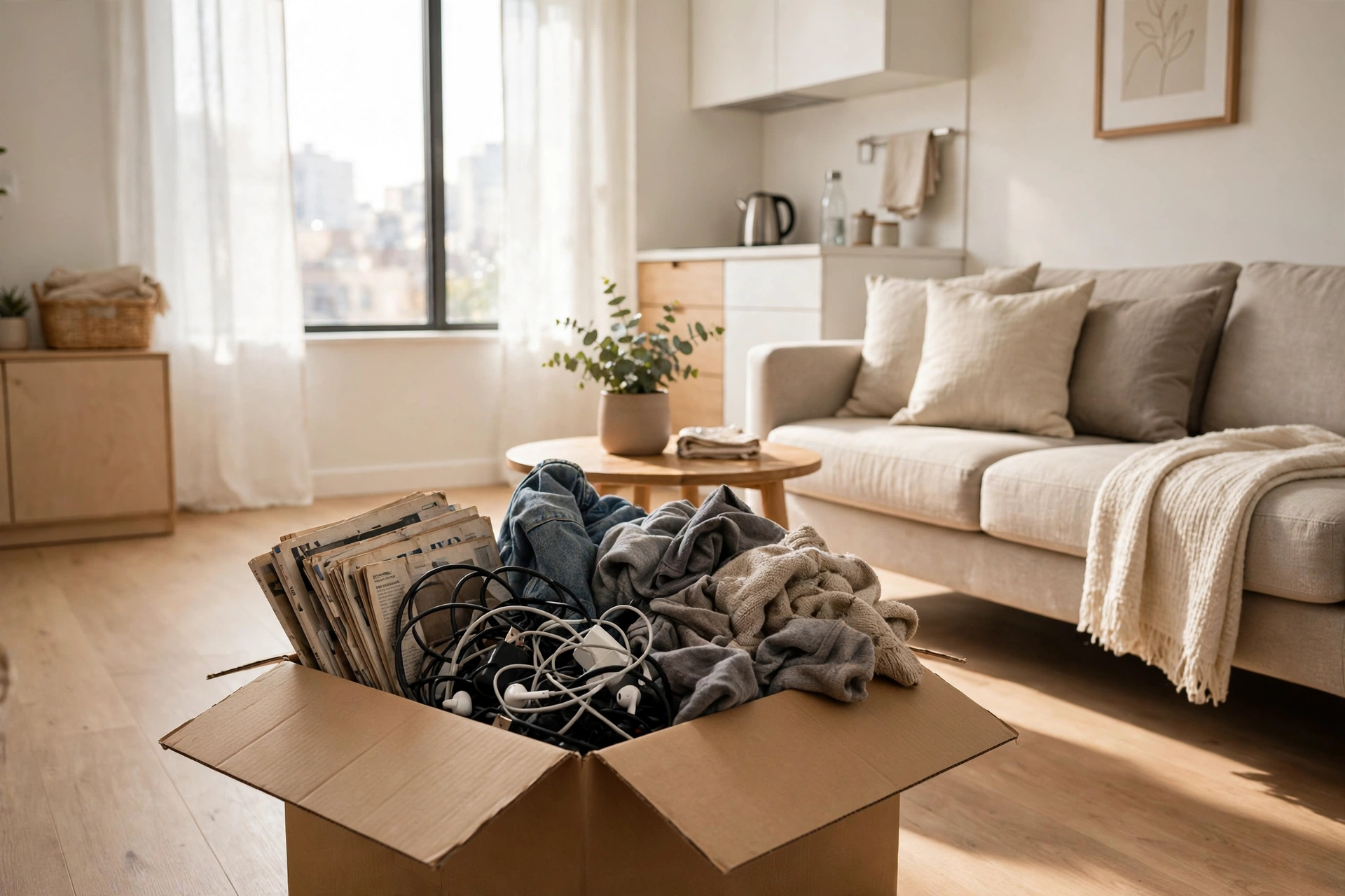 Cardboard box filled with decluttered household items in a tidy studio apartment