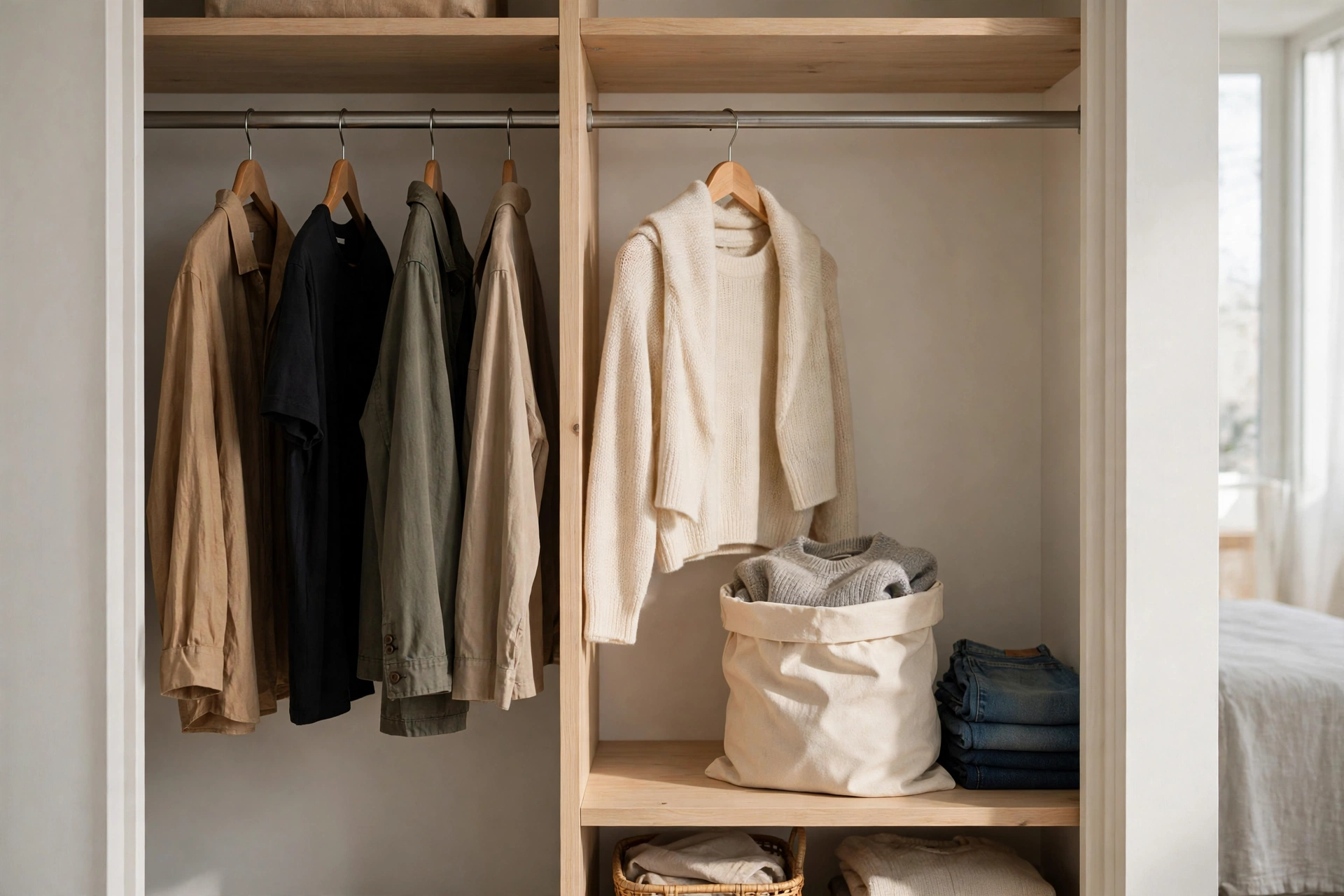 Minimal closet with one new sweater replacing an old one in a studio apartment