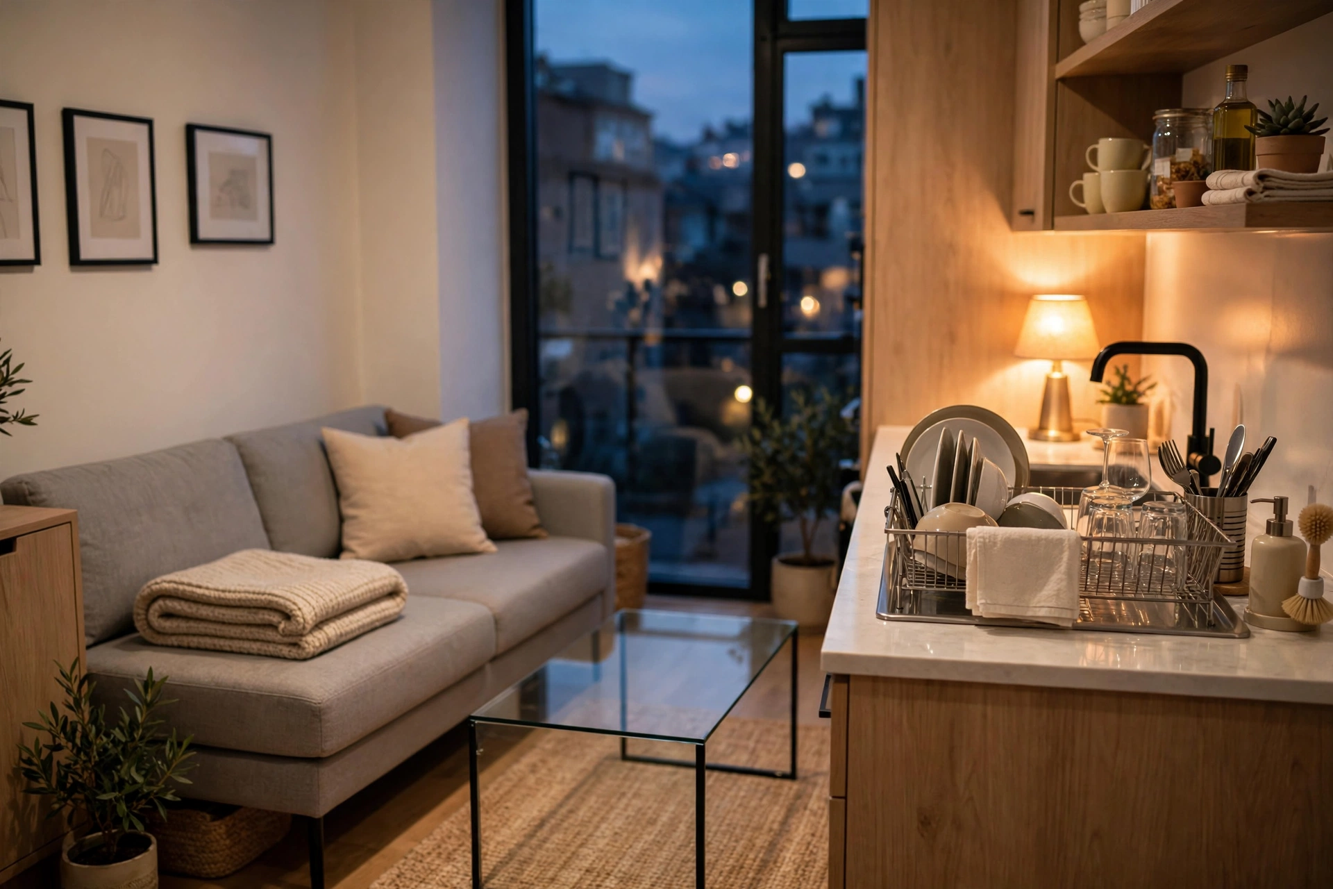 Tidy studio apartment living area after an evening reset with everything in place