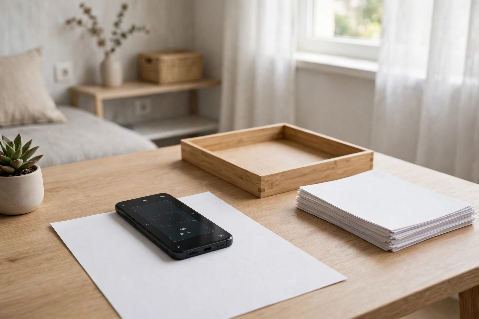 Smartphone scanning paper documents beside a slim empty inbox tray in a studio
