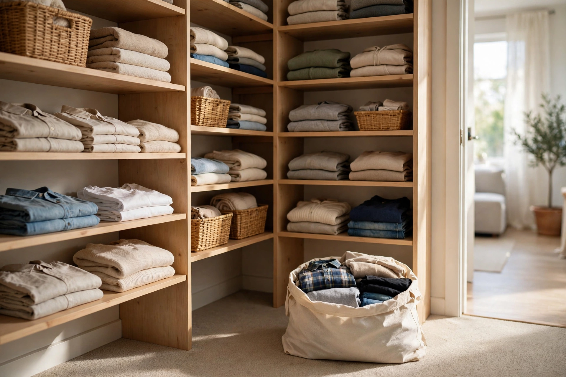 Open donation bag with folded clothes in a studio apartment closet corner