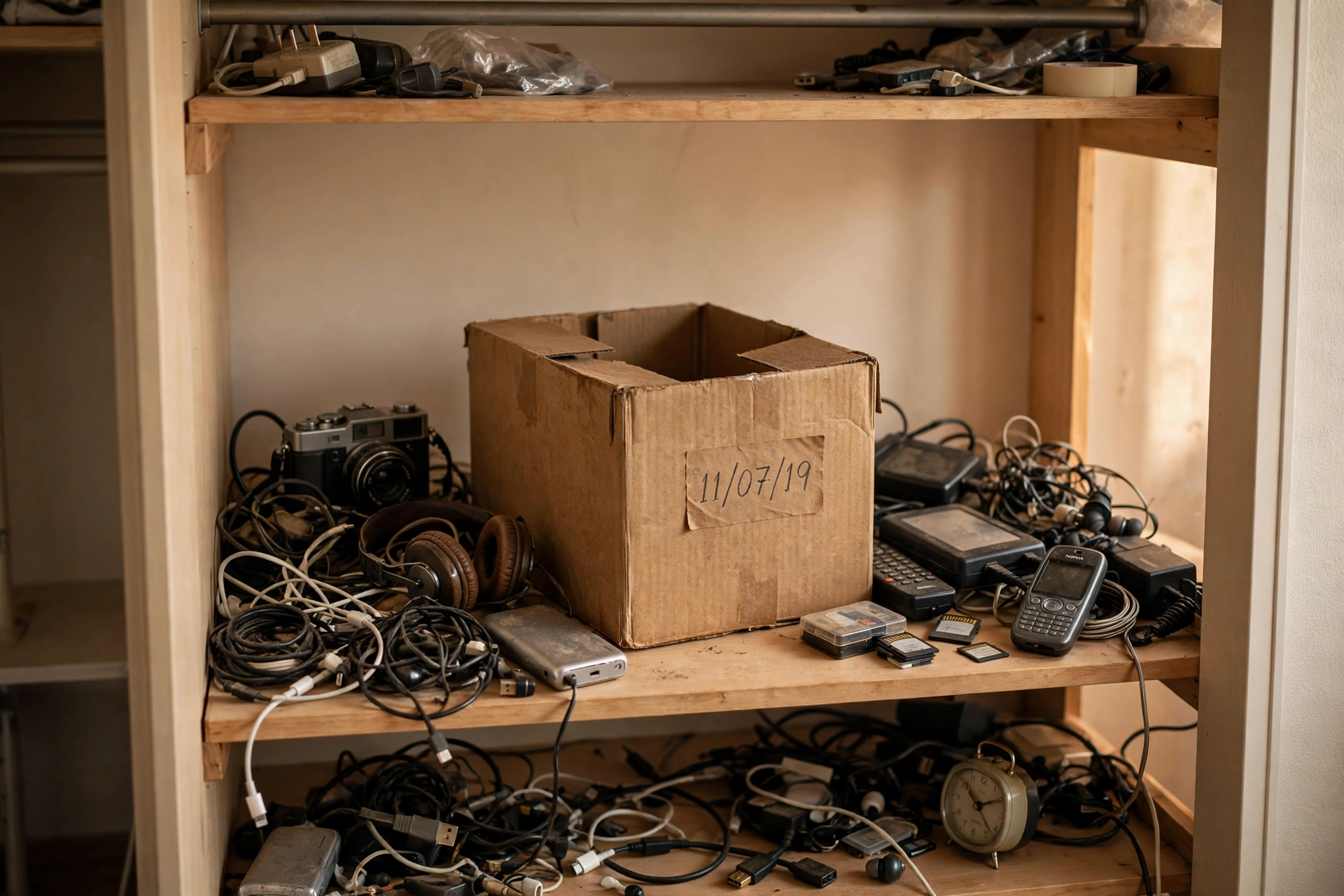 Dated cardboard box of unused just-in-case items ready for donation in a studio