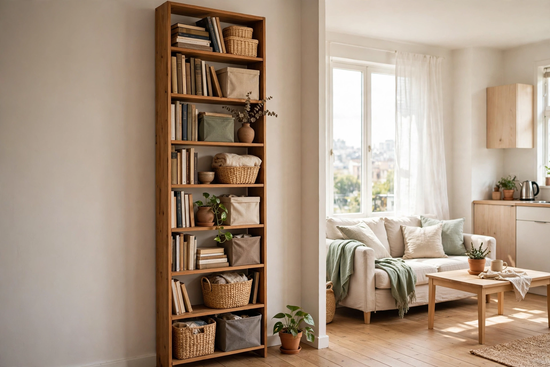 Tall narrow bookcase reaching the ceiling filled with books and bins in a studio apartment