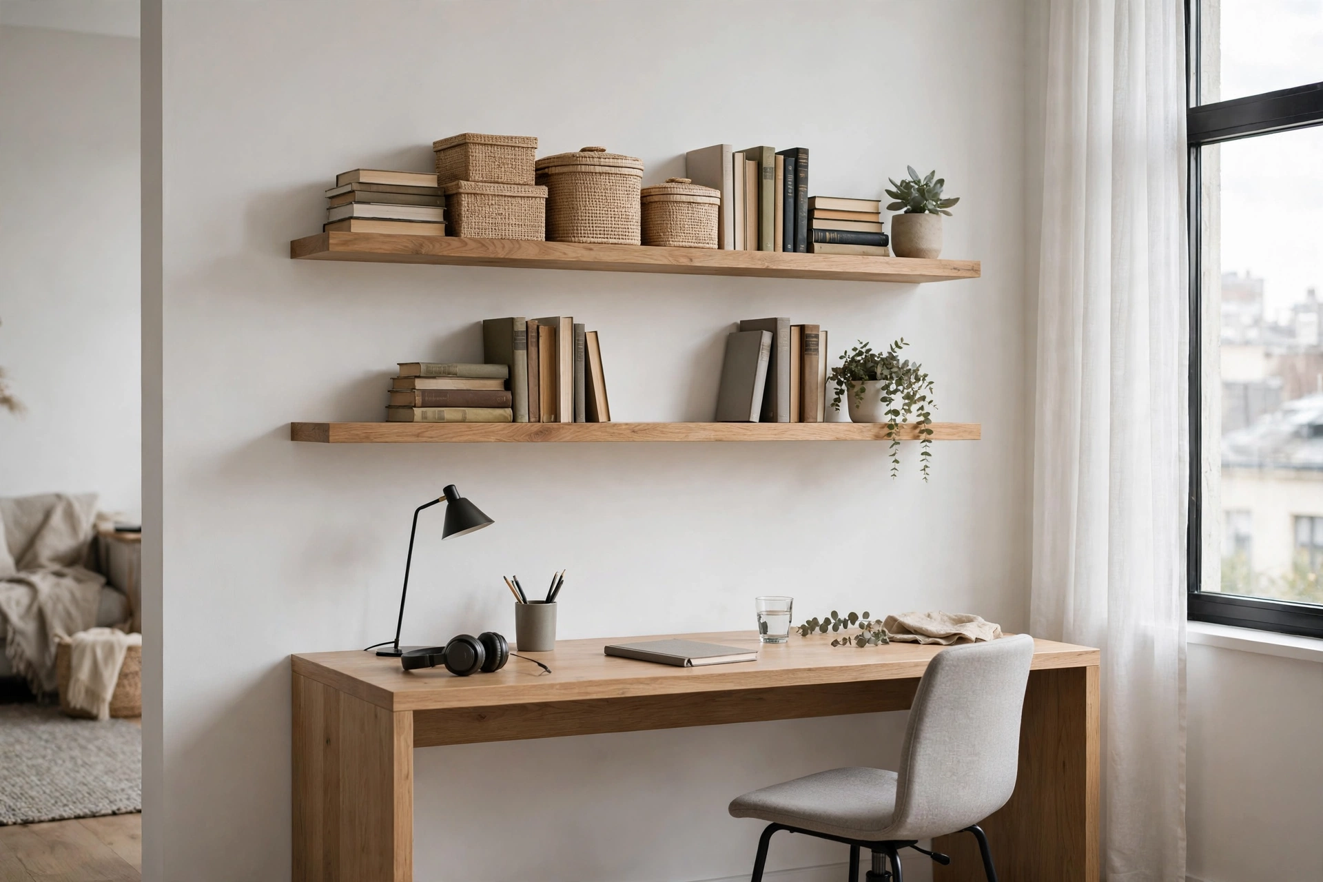 Two floating wood shelves with storage boxes and plants above a desk in a studio