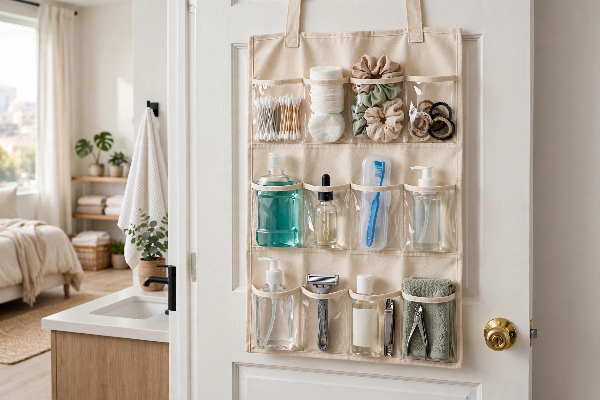 Over-the-door fabric organizer with pockets full of supplies on a studio bathroom door
