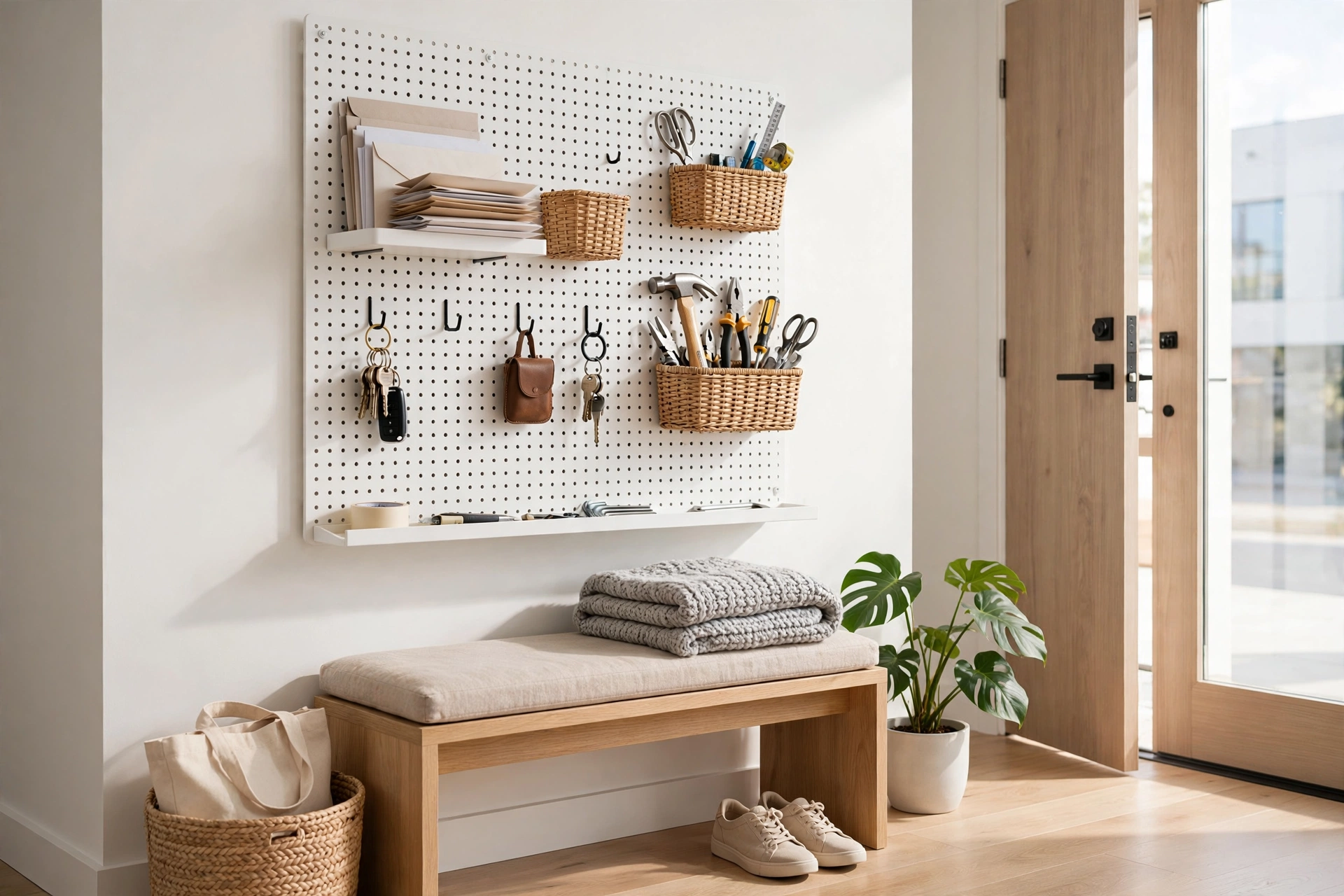 White pegboard with hooks shelves and baskets organizing keys mail and tools in a studio