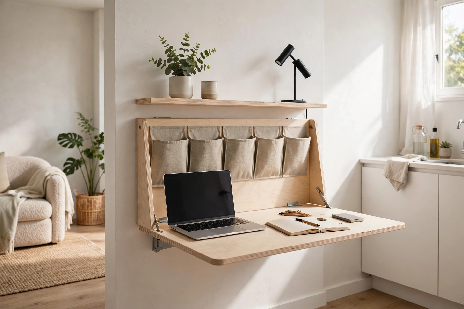 Fold-down wall-mounted desk with file pockets above it in a small studio apartment