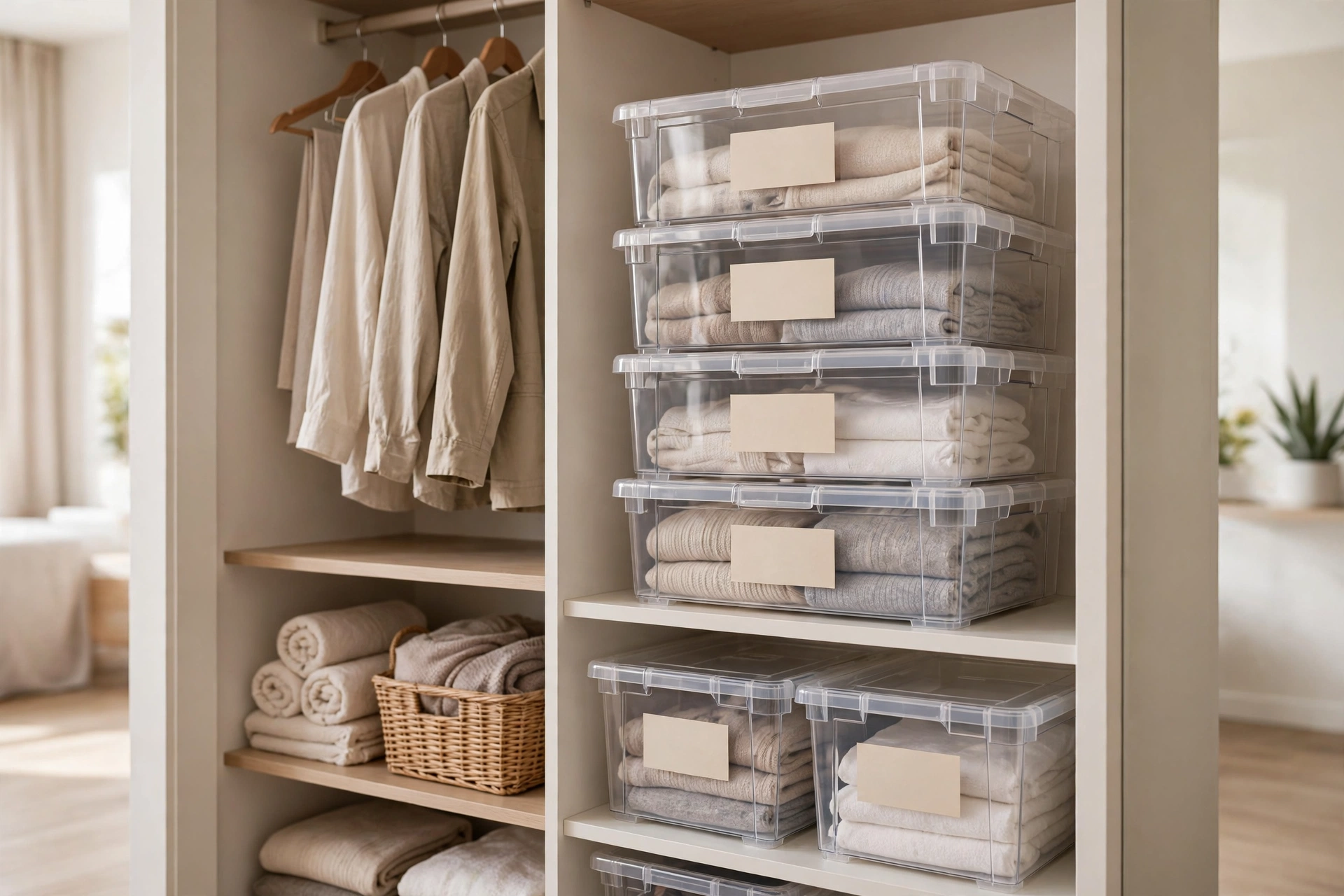 Stack of clear labeled storage bins in a tidy studio apartment closet