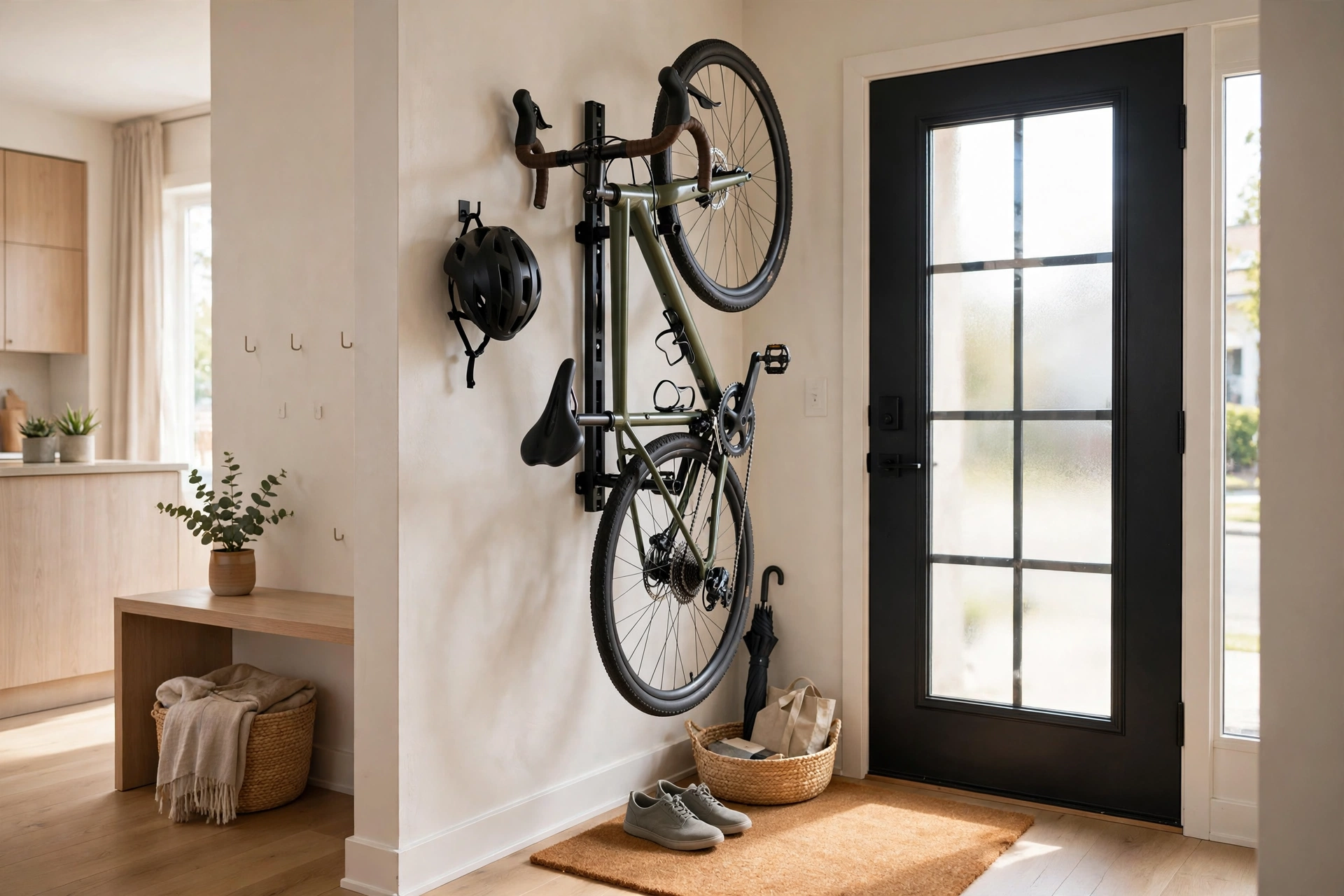 Bicycle mounted vertically on a wall rack near the door of a studio apartment