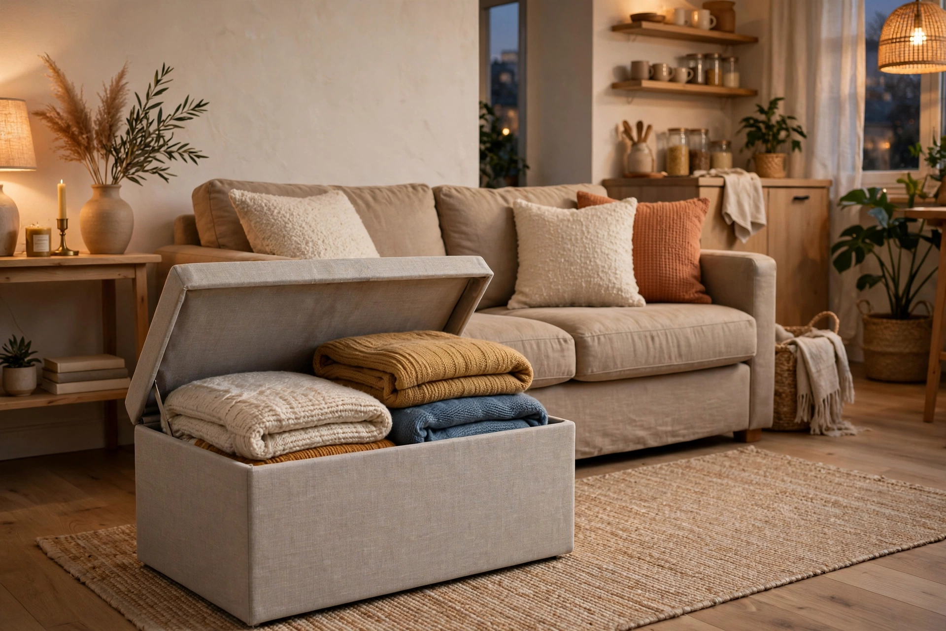 Storage ottoman with lid open showing blankets inside in a studio living area