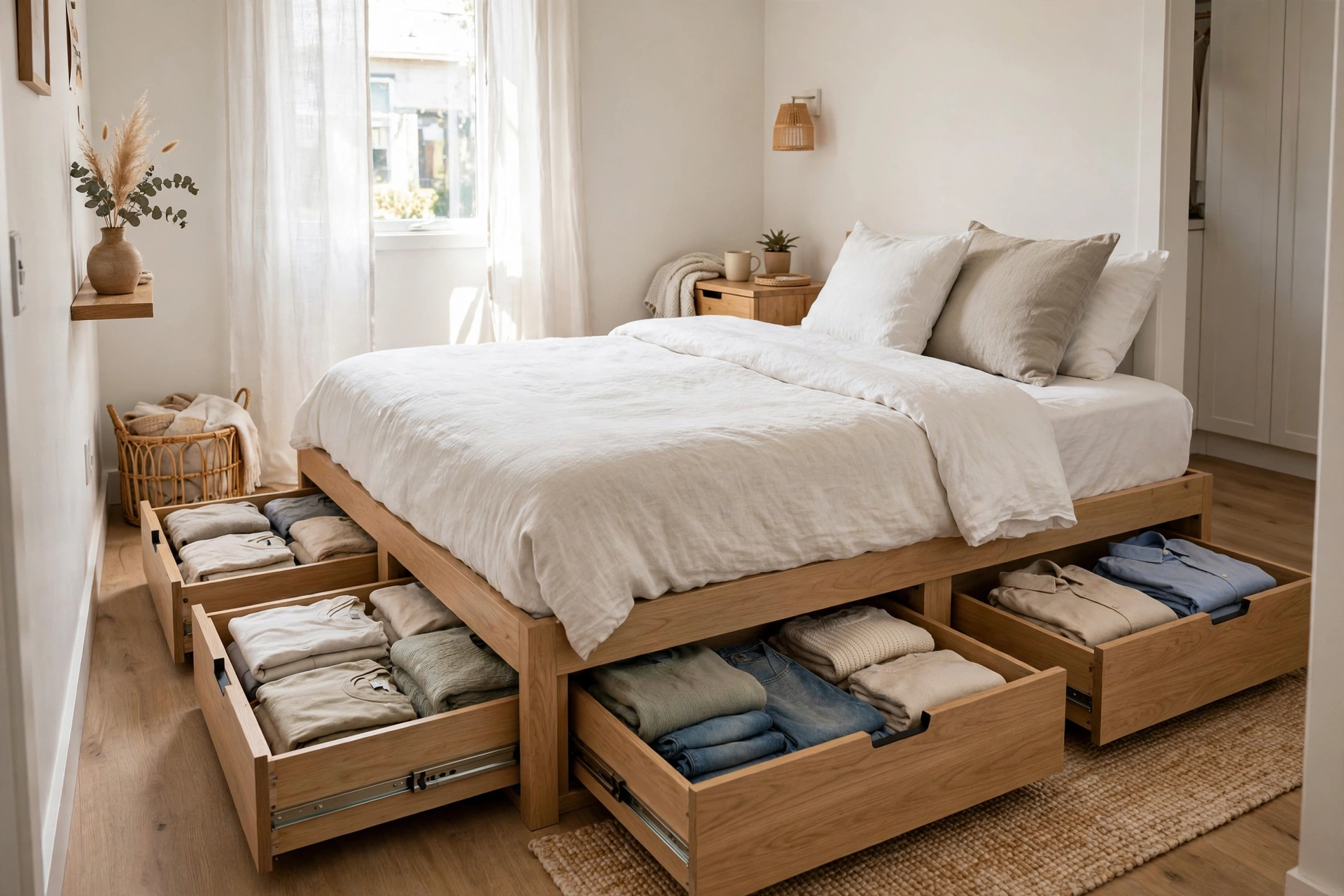 Bed frame with pull-out drawers storing folded clothes in a studio sleeping zone