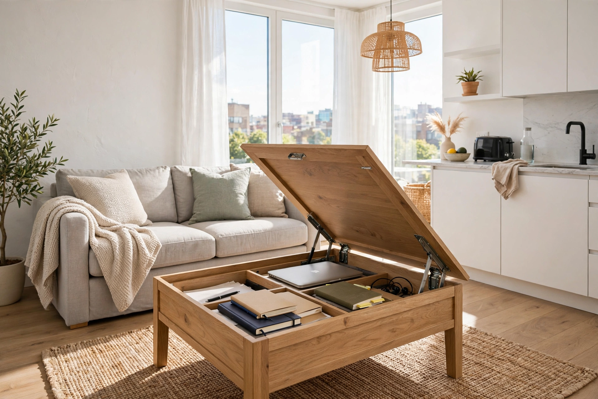 Lift-top coffee table raised with storage compartment holding laptop and supplies in a studio