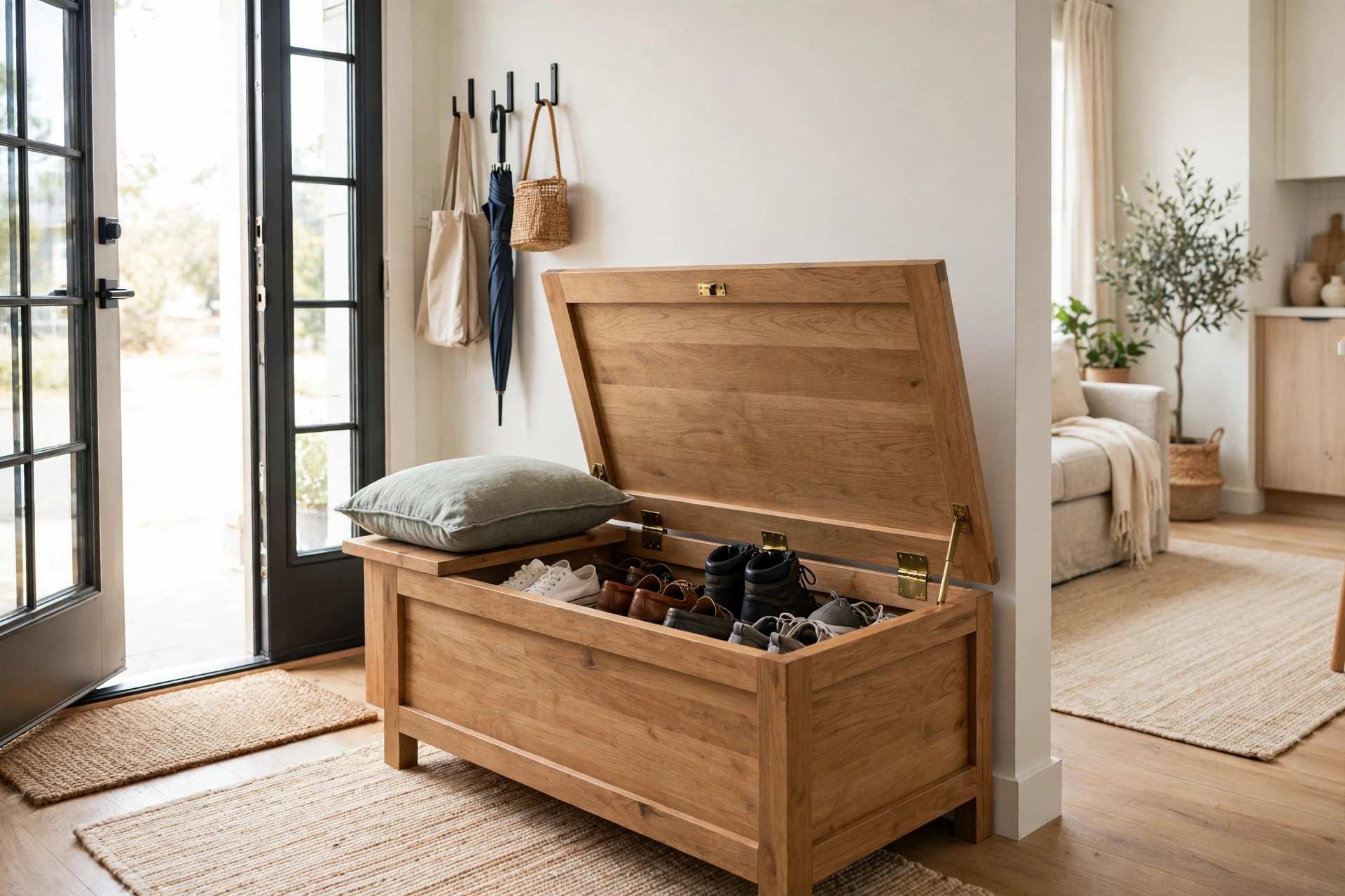 Wooden storage bench with open lid showing shoes inside near a studio apartment door