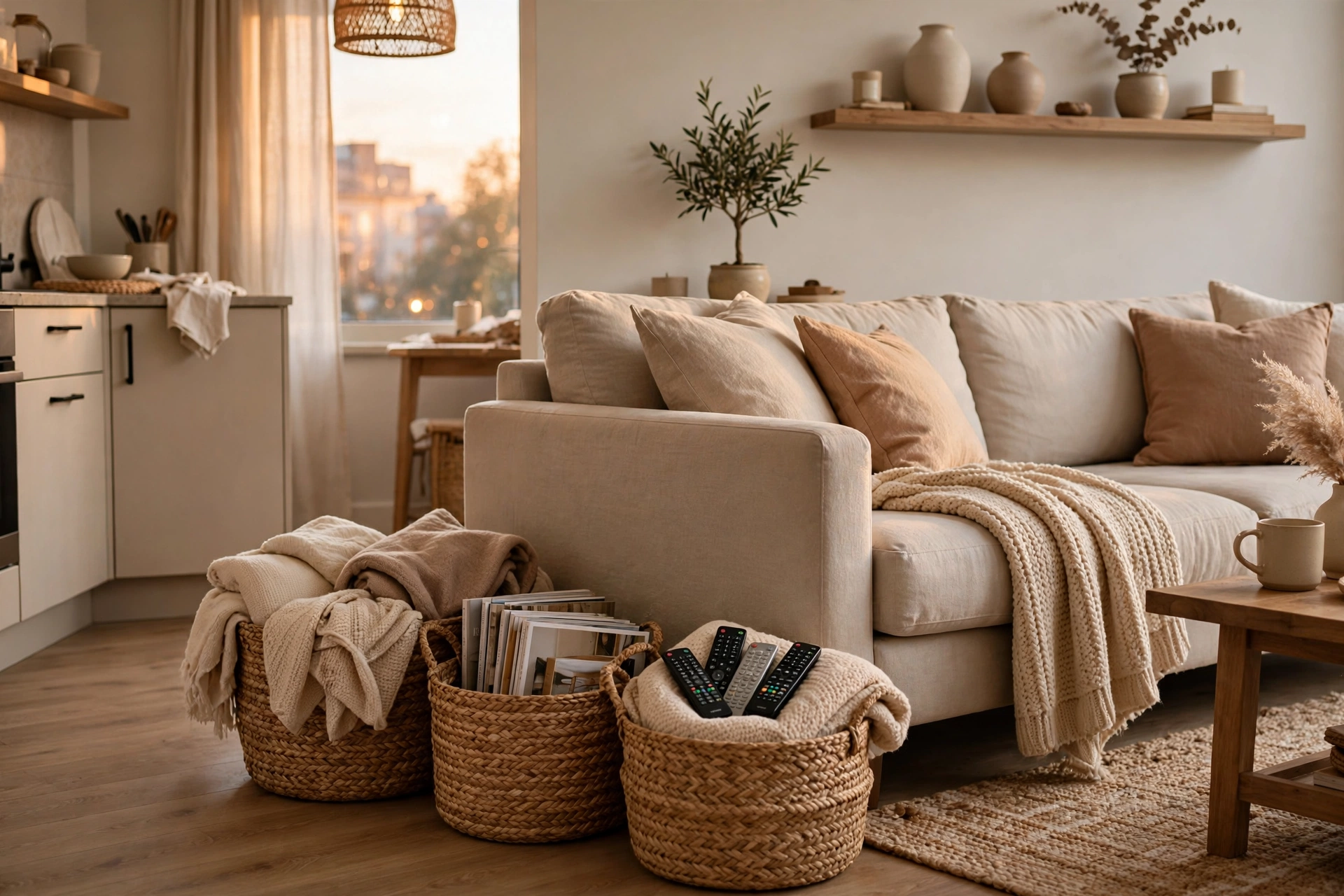 Woven seagrass baskets holding remotes and throws beside a sofa in a studio apartment