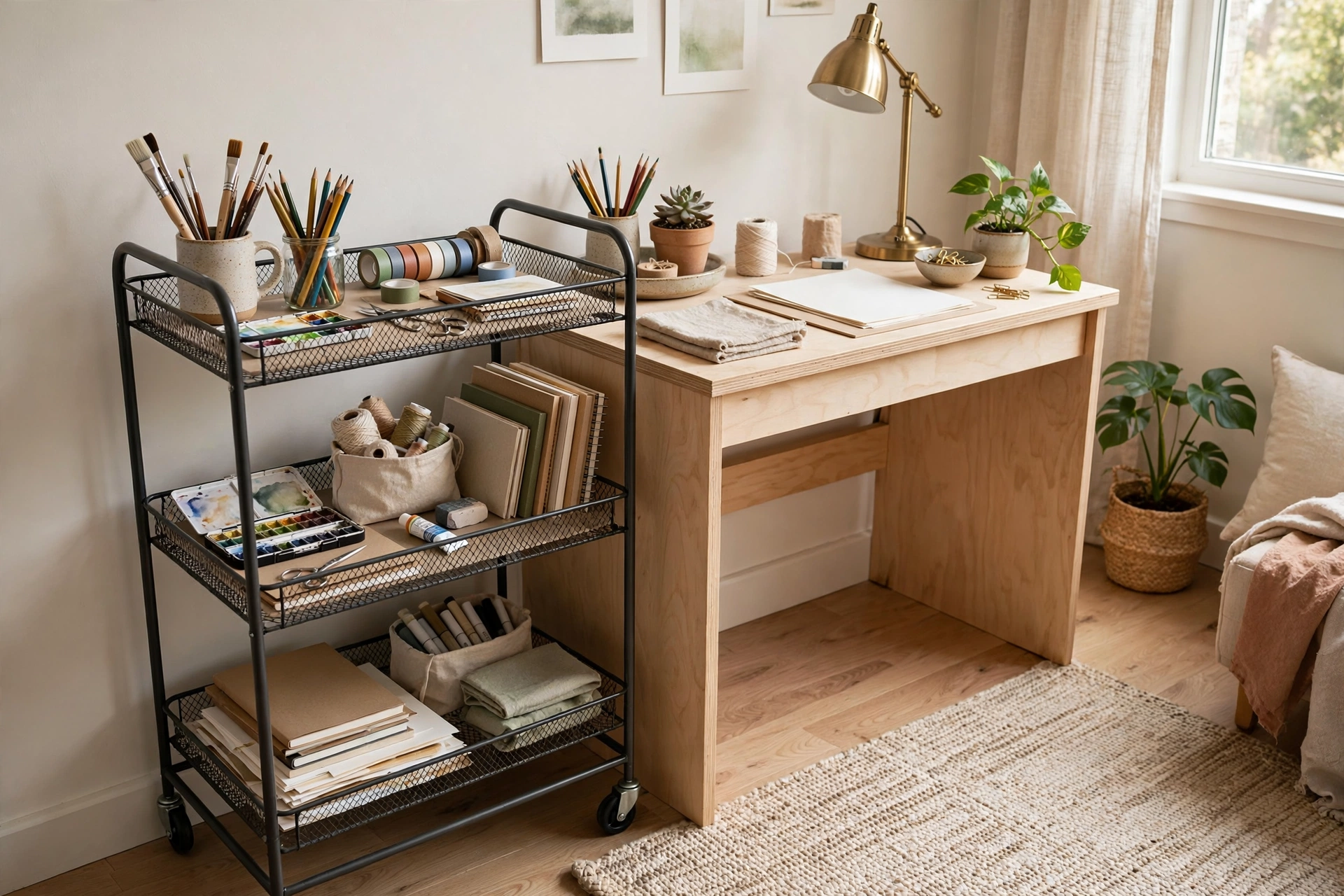 Three-tier rolling cart with art supplies tucked beside a desk in a studio apartment