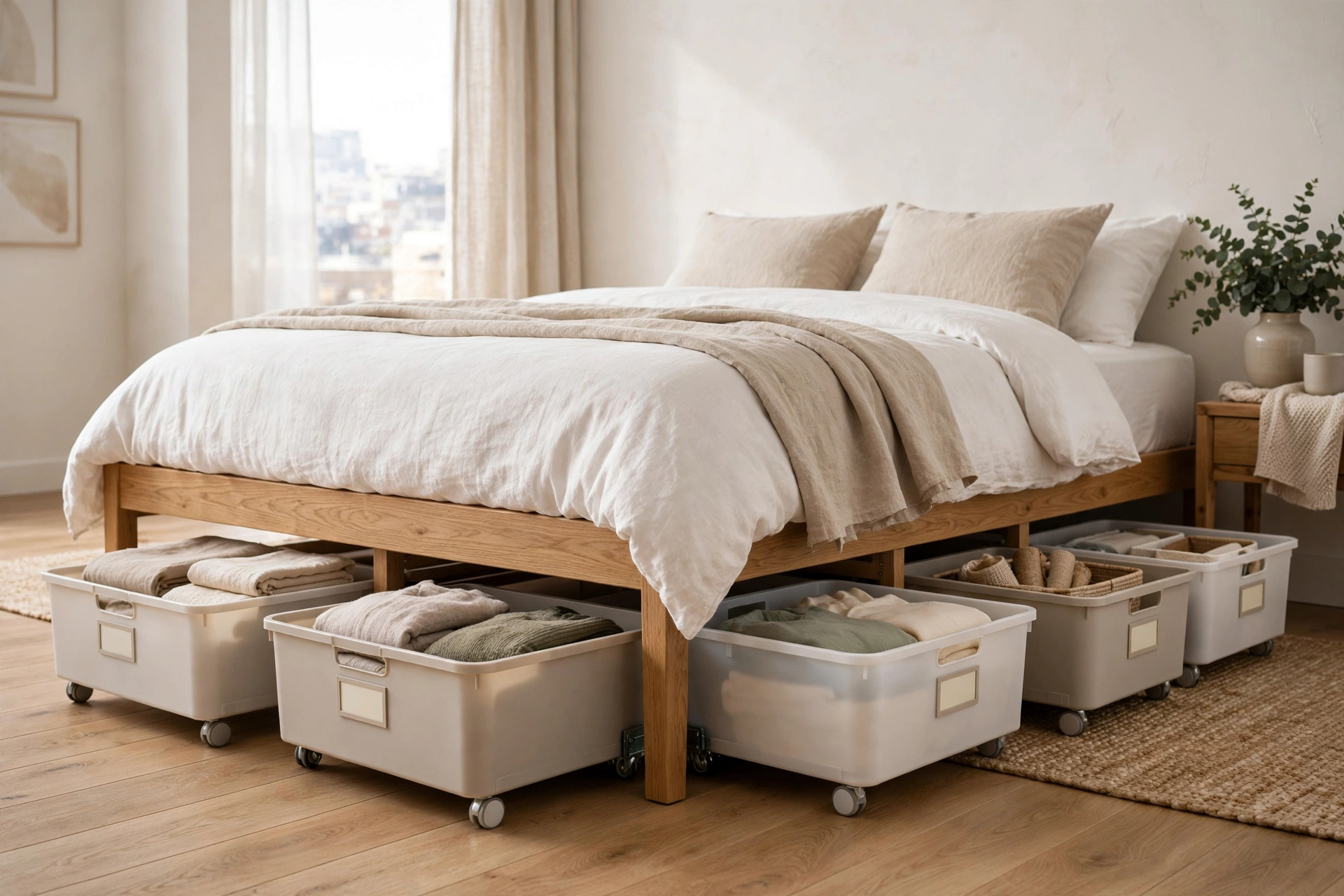 Low wheeled bins labeled and sliding under a bed frame in a studio apartment