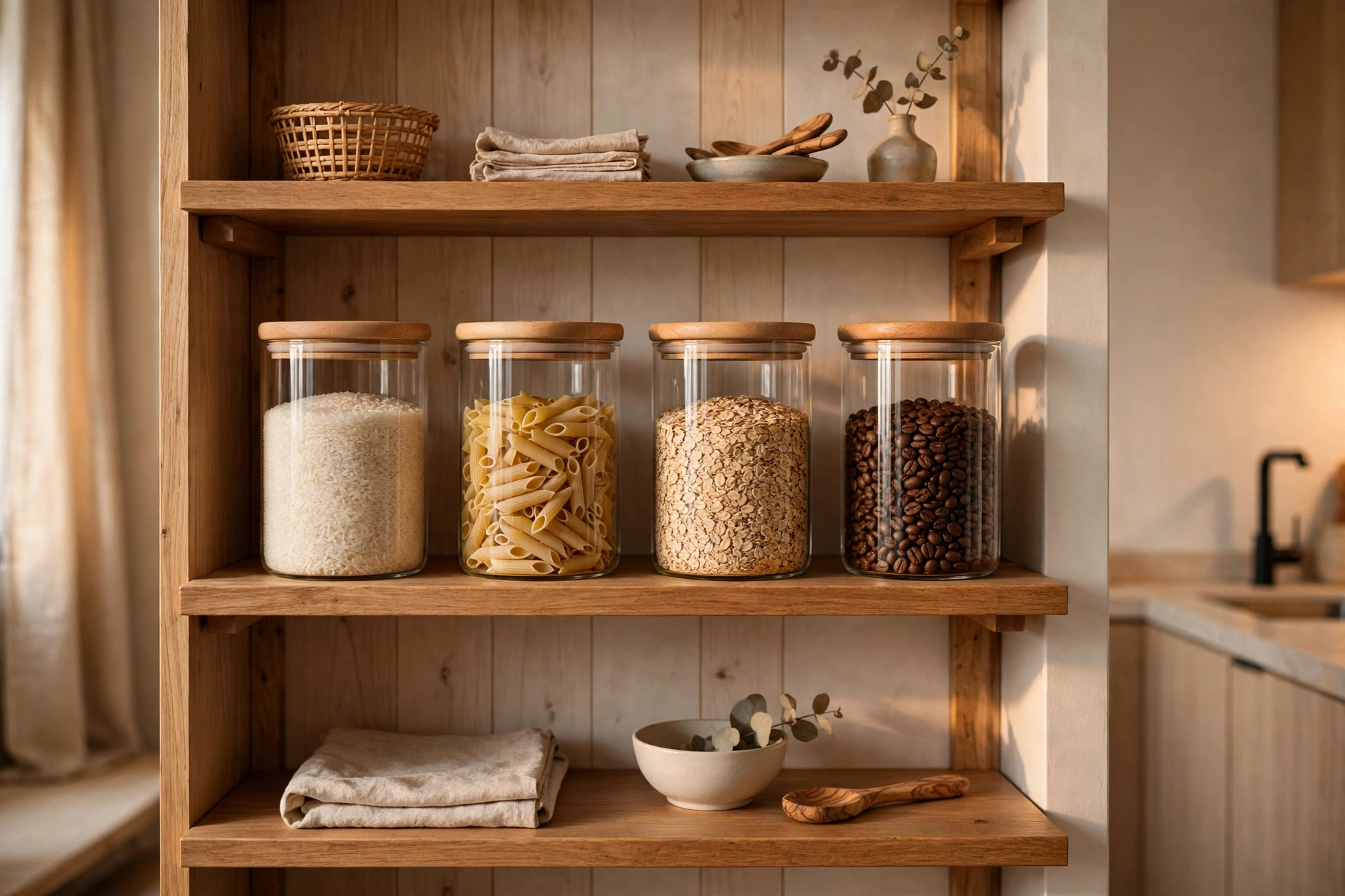 Matching glass jars with dry goods on open kitchen shelves in a studio apartment
