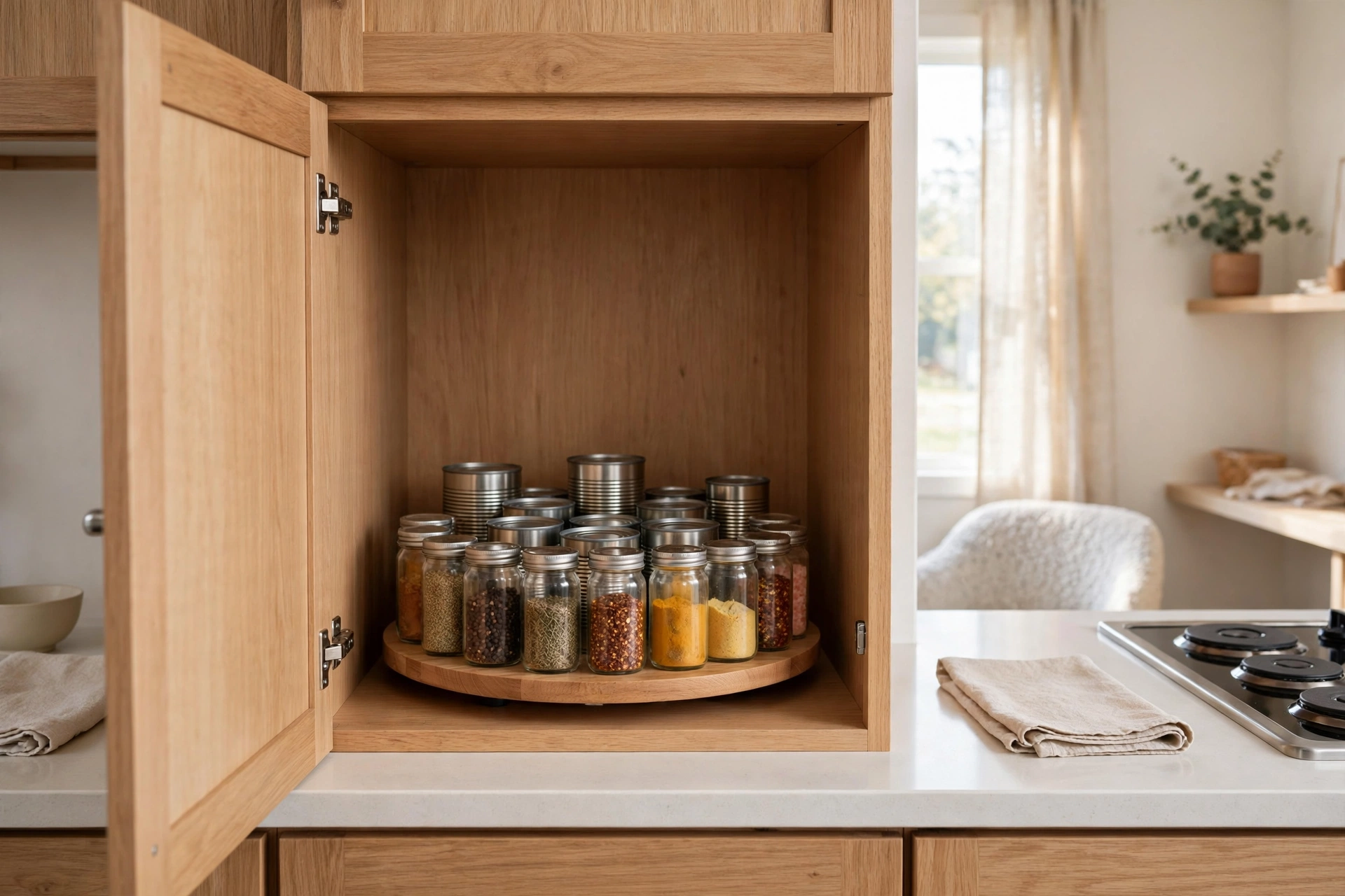 Turntable lazy Susan with spices spinning inside a deep kitchen cabinet