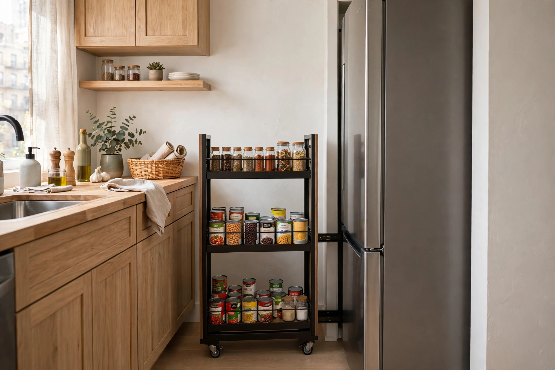 Slim pull-out pantry tower with canned goods beside a fridge in a small kitchen