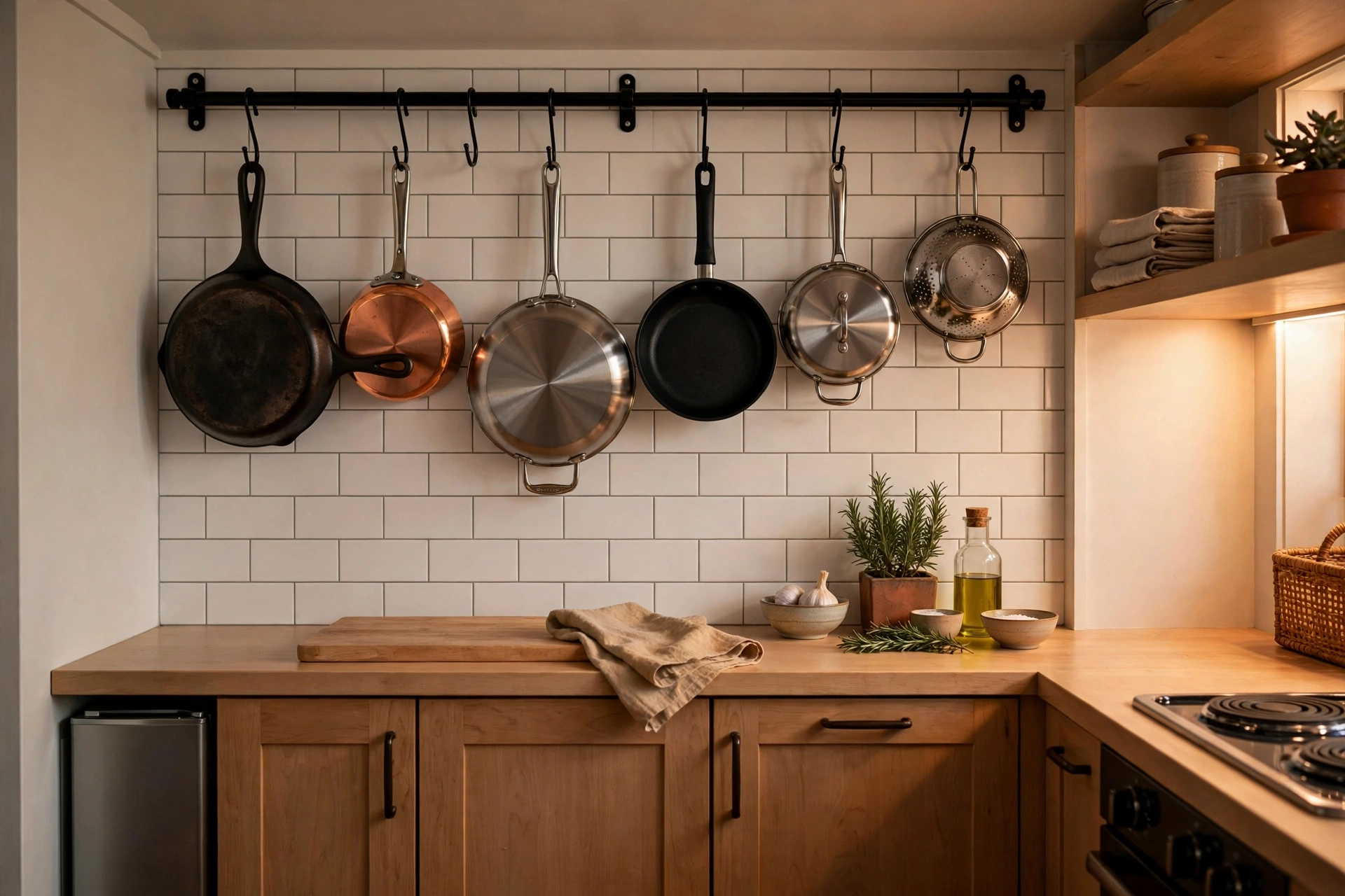 Pots and pans hanging from a wall-mounted rail with hooks in a studio kitchen
