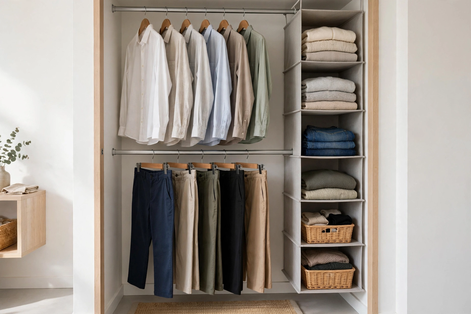 Closet with double hanging rods and shelf organizer maximizing vertical space