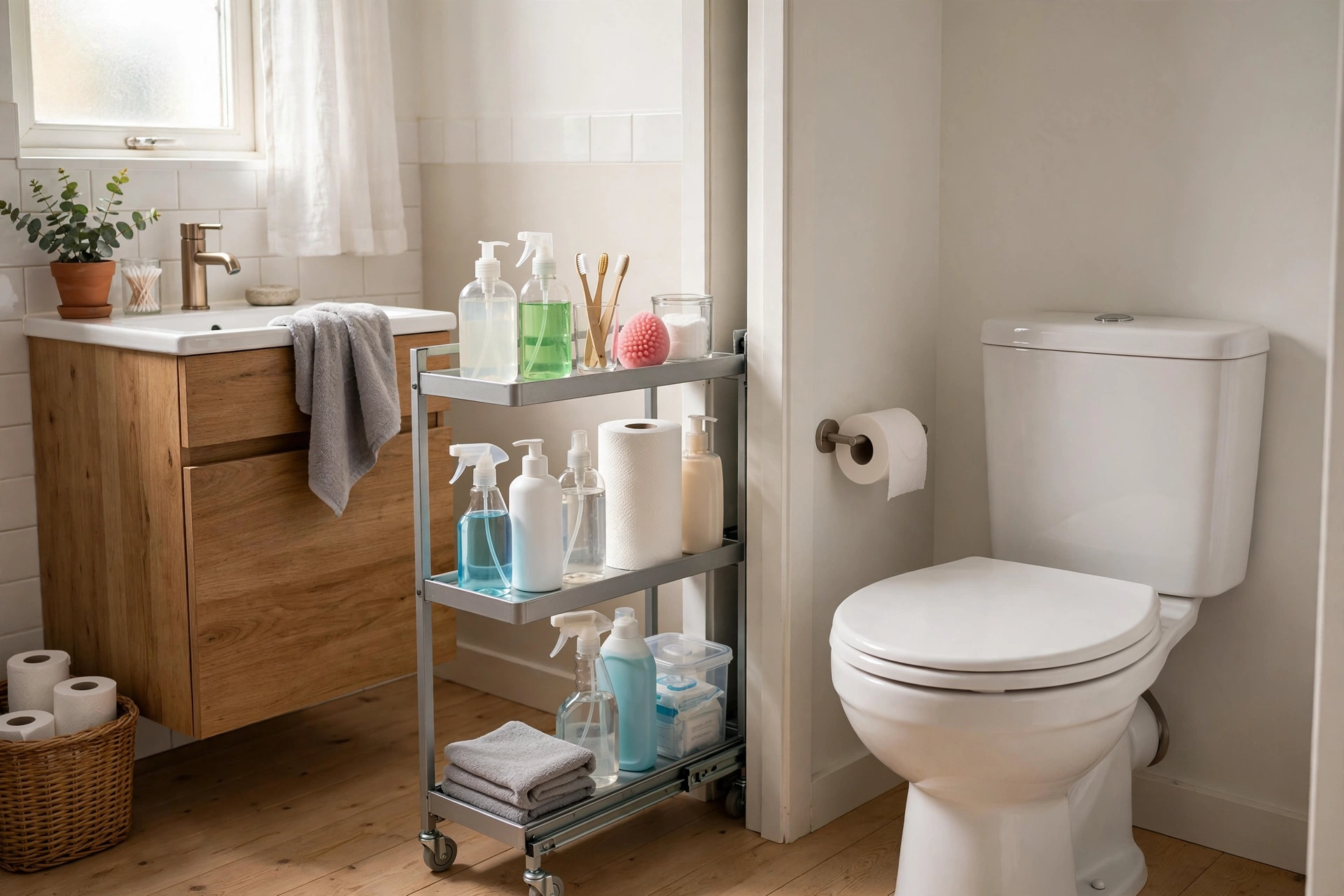 Slim rolling cart with toiletries in the gap beside a toilet in a small bathroom